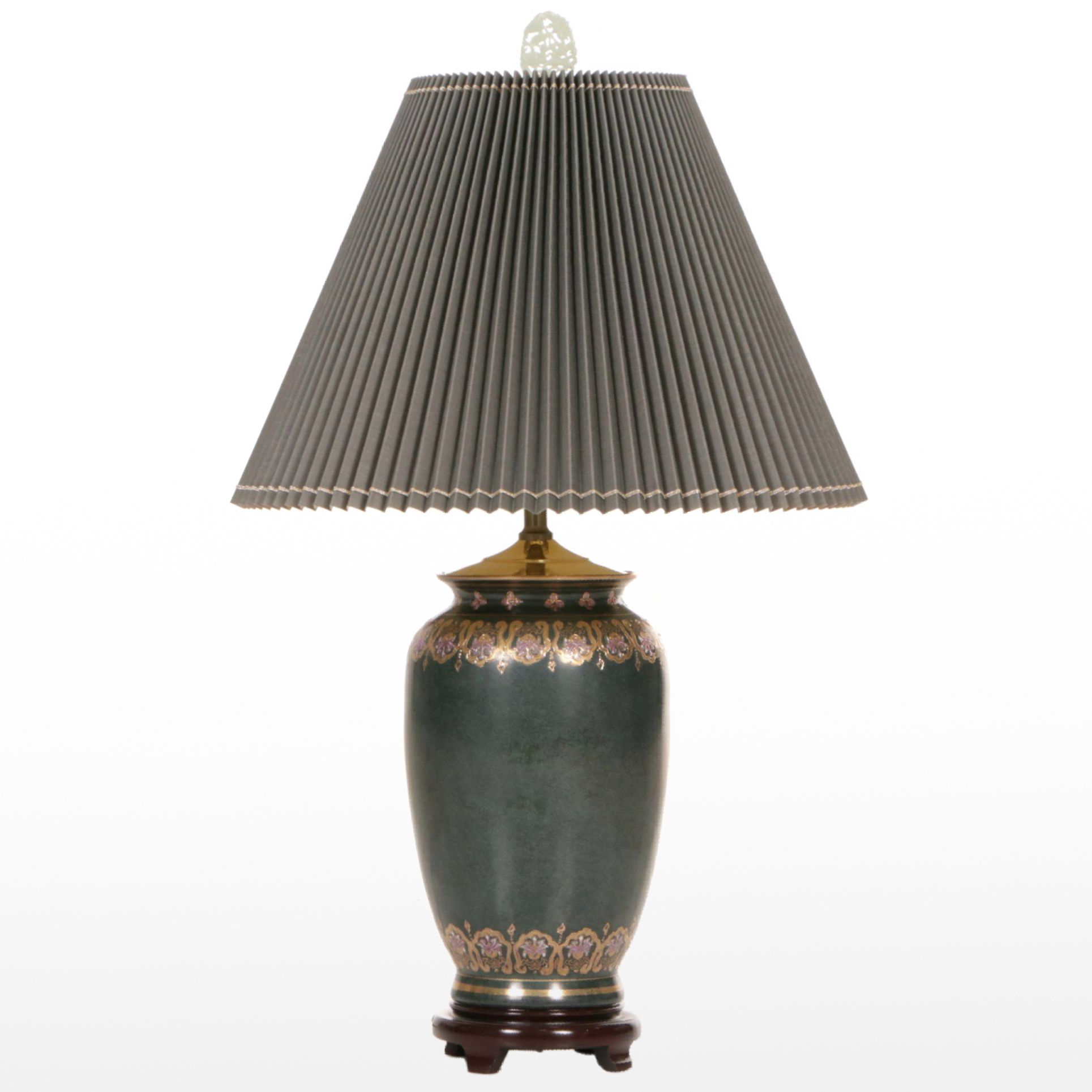 Hand-Painted Temple Urn Table Lamp with Pleated Shade