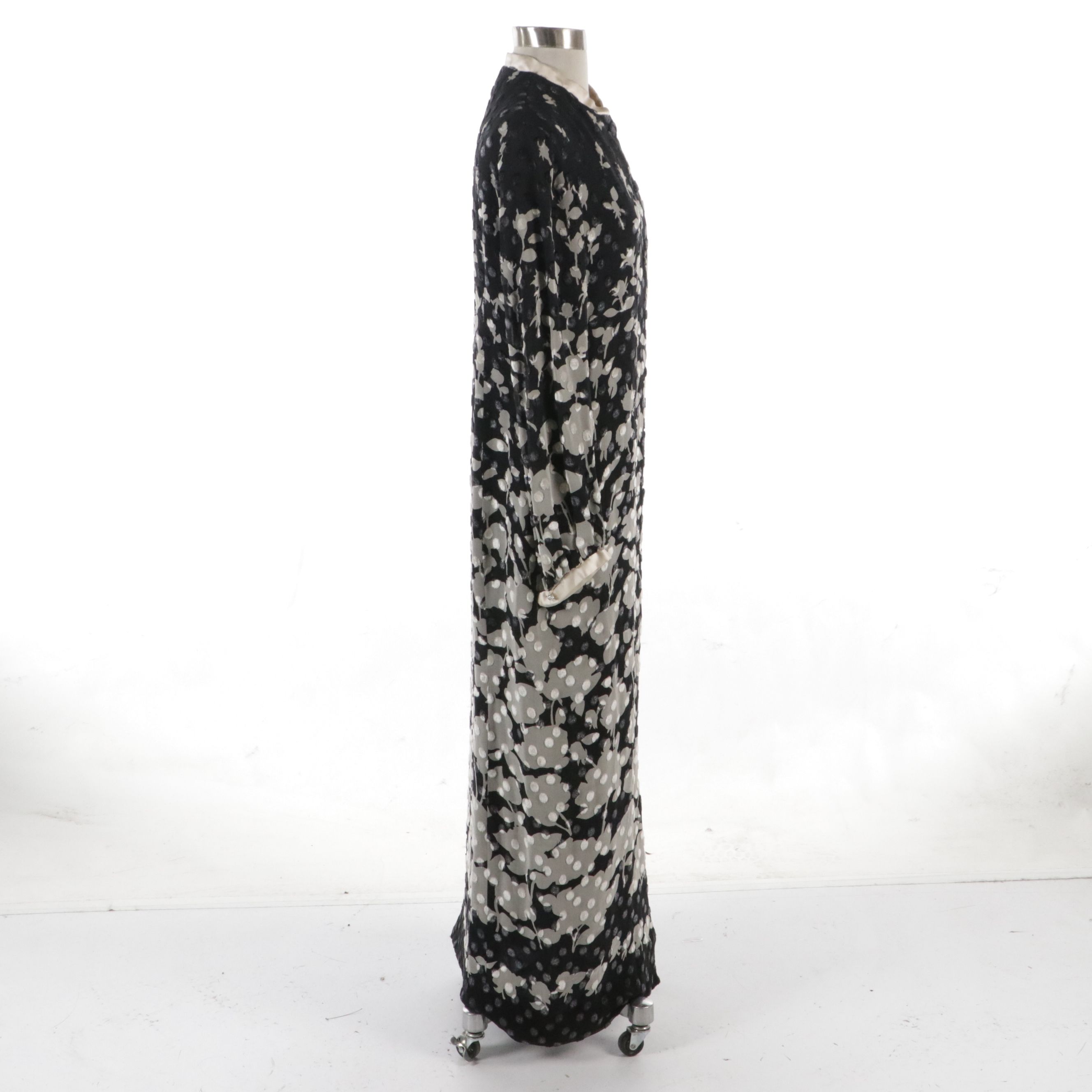 Pauline Trigère Flocked Printed Silk Evening Dress with Removable Collar, 1970s