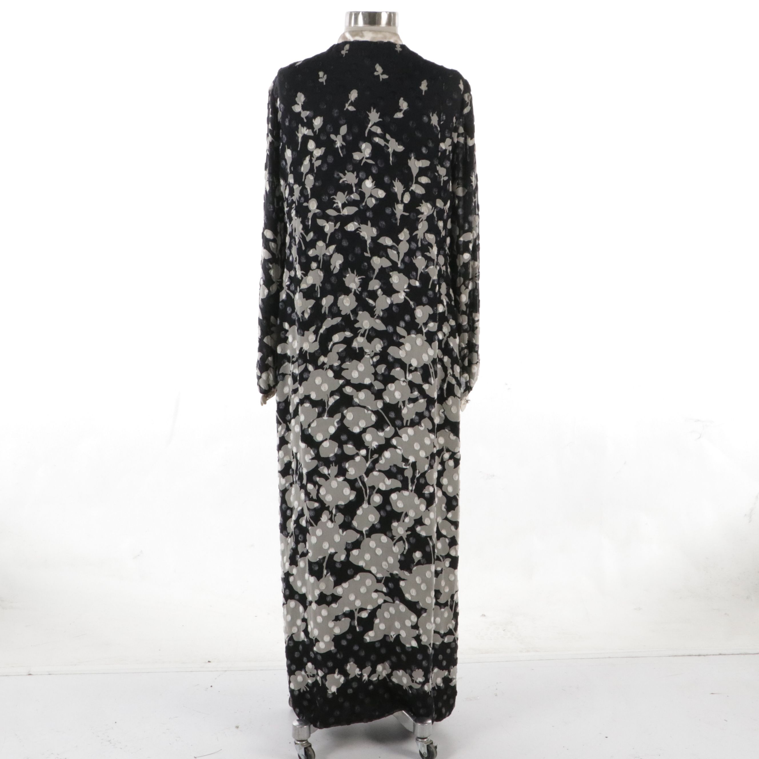 Pauline Trigère Flocked Printed Silk Evening Dress with Removable Collar, 1970s