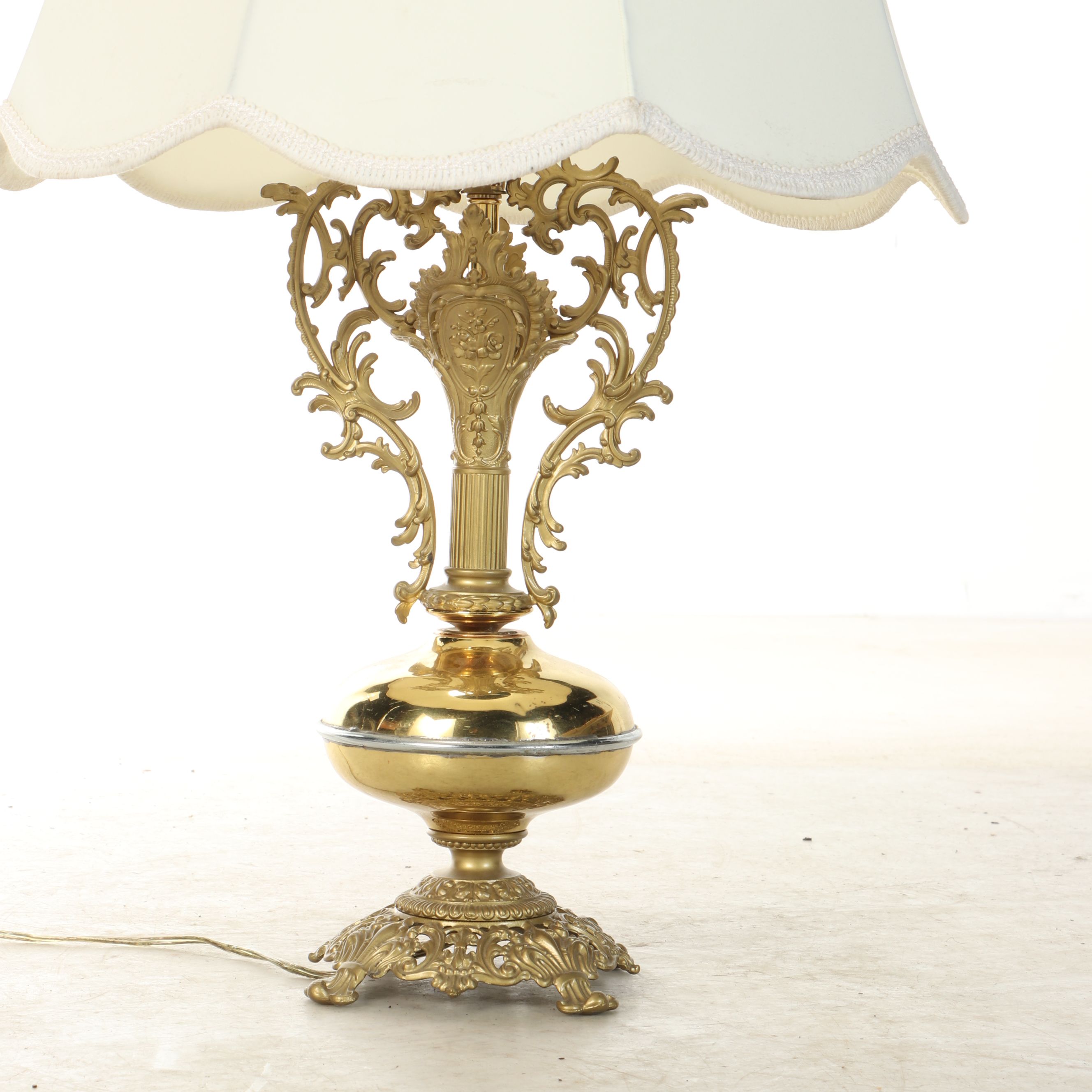 Rococo Style Brass and Gold-Painted Ewer Table Lamp with Scalloped Shade