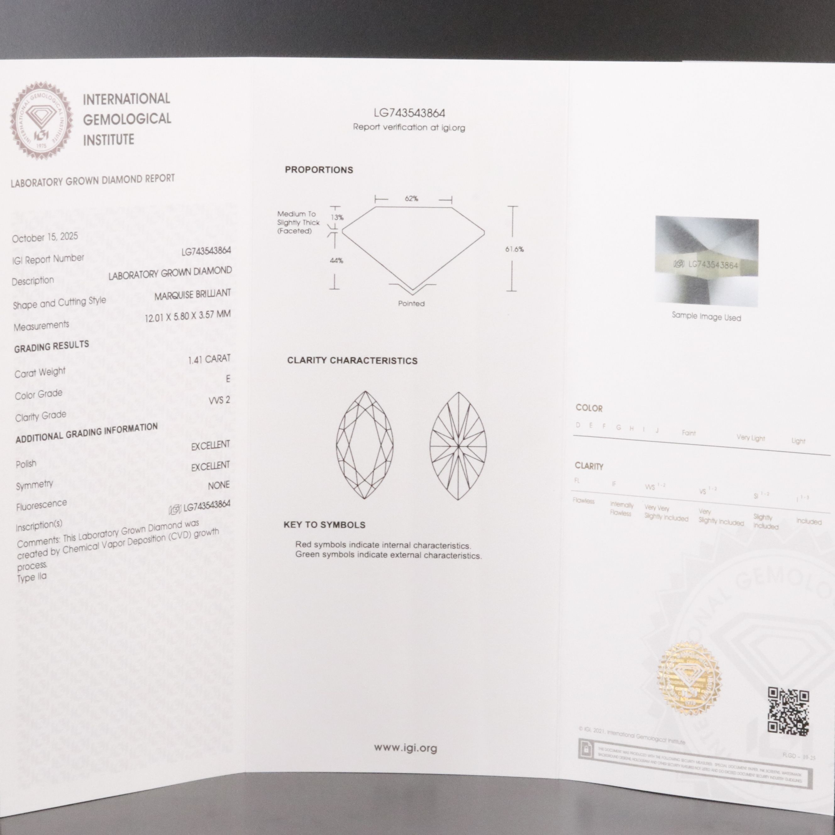 Loose 1.41 CT Lab Grown Diamond with IGI Report