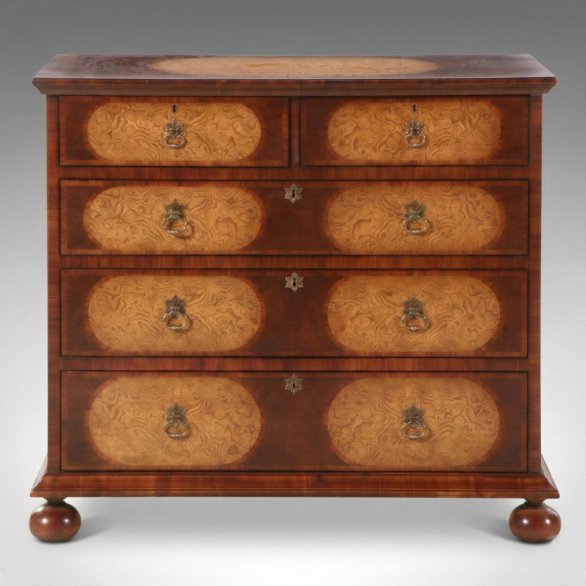 William & Mary Style Inlaid Burl Walnut Chest of Drawers