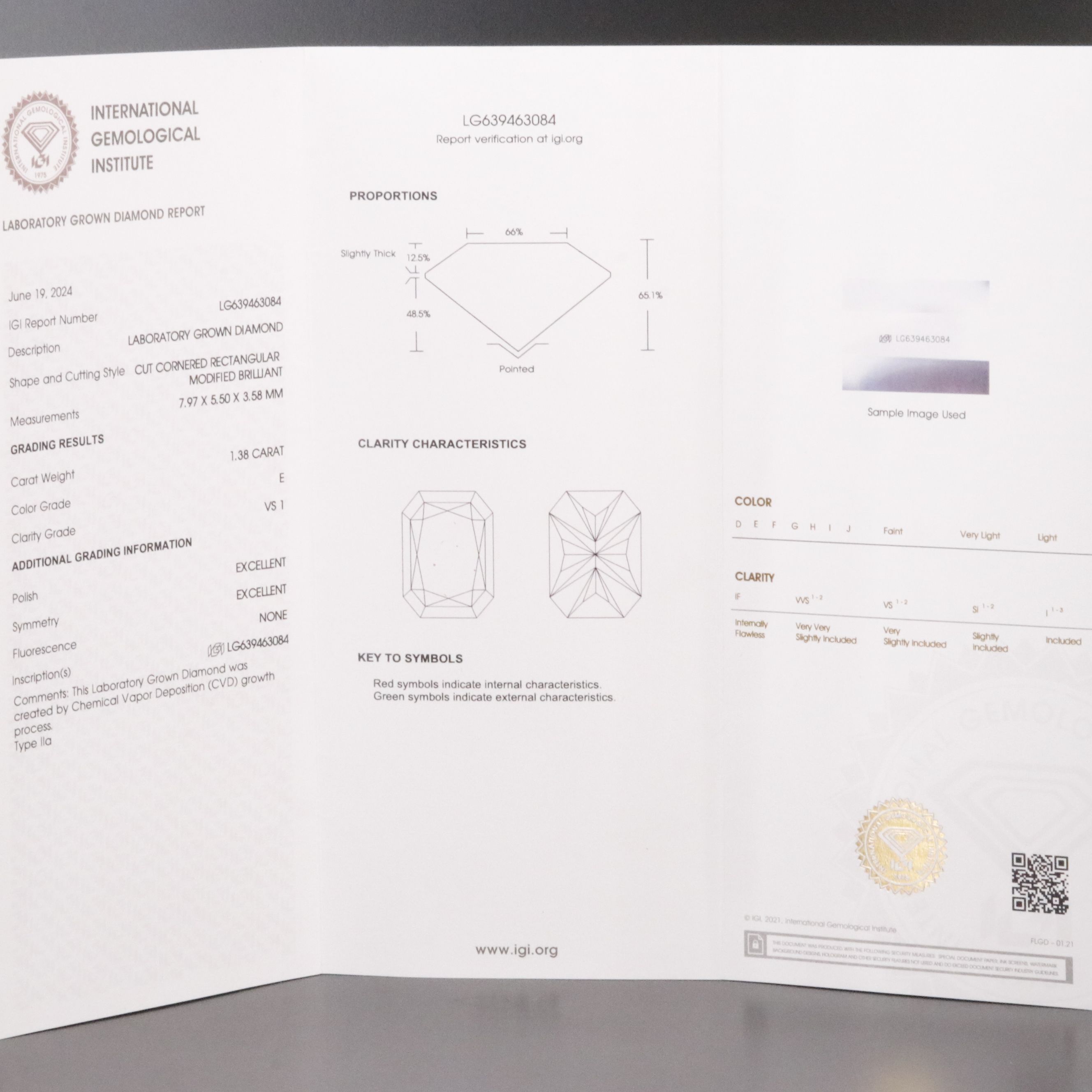 Loose 1.38 CT Lab Grown Diamond with IGI Report