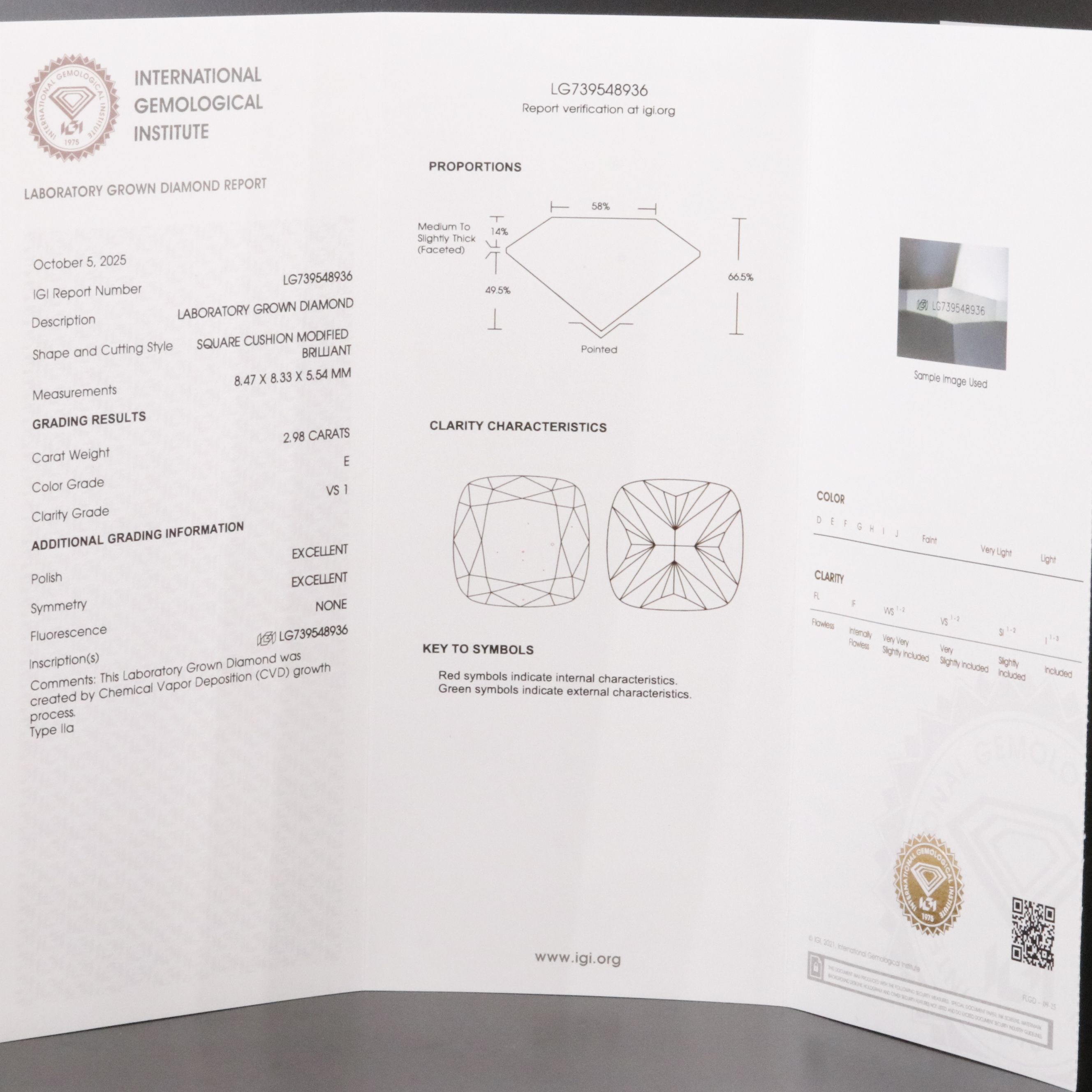 Loose 2.98 CT Lab Grown Diamond with IGI Report
