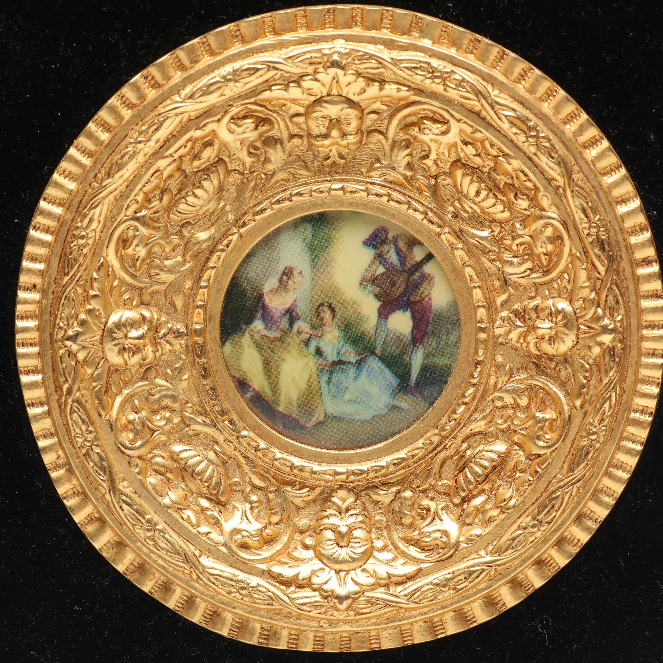 Transfer-Print Porcelain Miniature of Women and Minstrel in Giltwood Frame