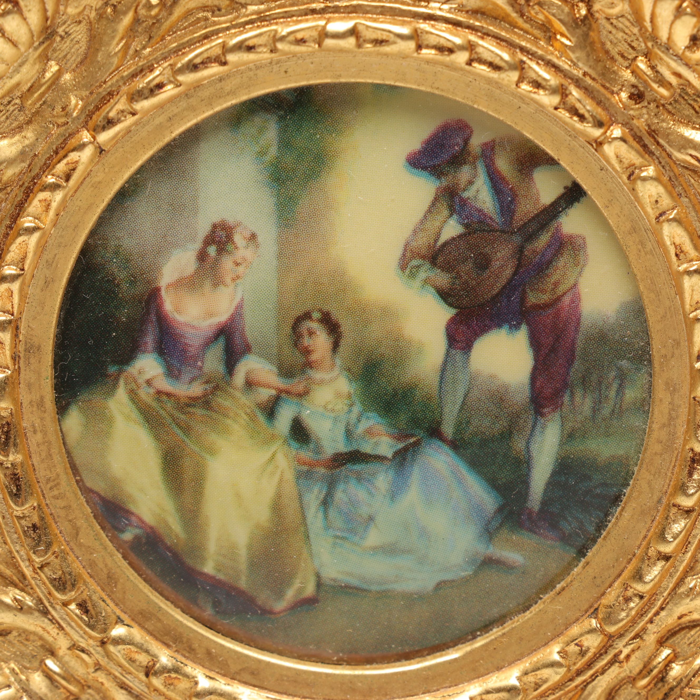 Transfer-Print Porcelain Miniature of Women and Minstrel in Giltwood Frame
