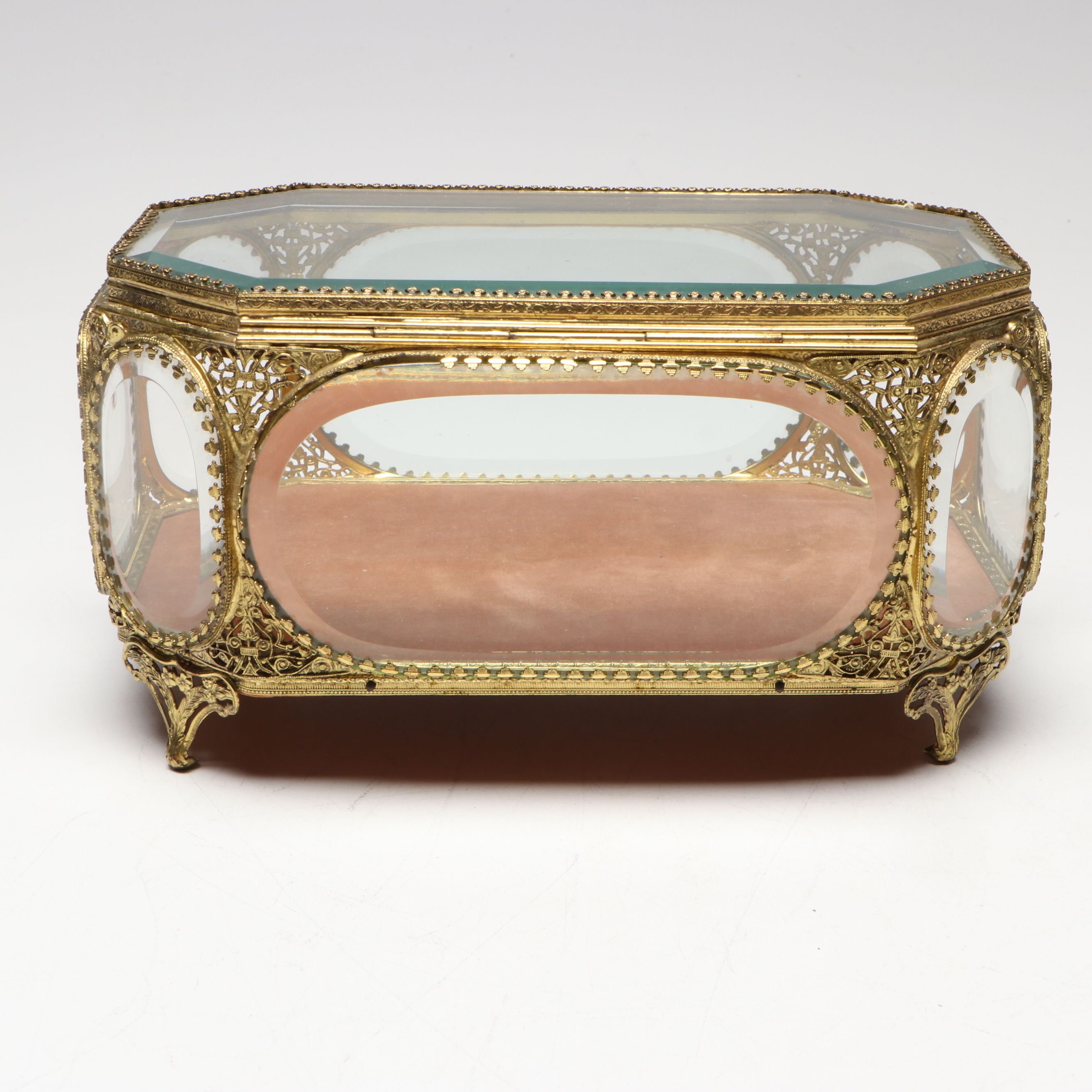 Ormolu Cased Jewelry Casket and Gilt Filigree Perfume Bottle