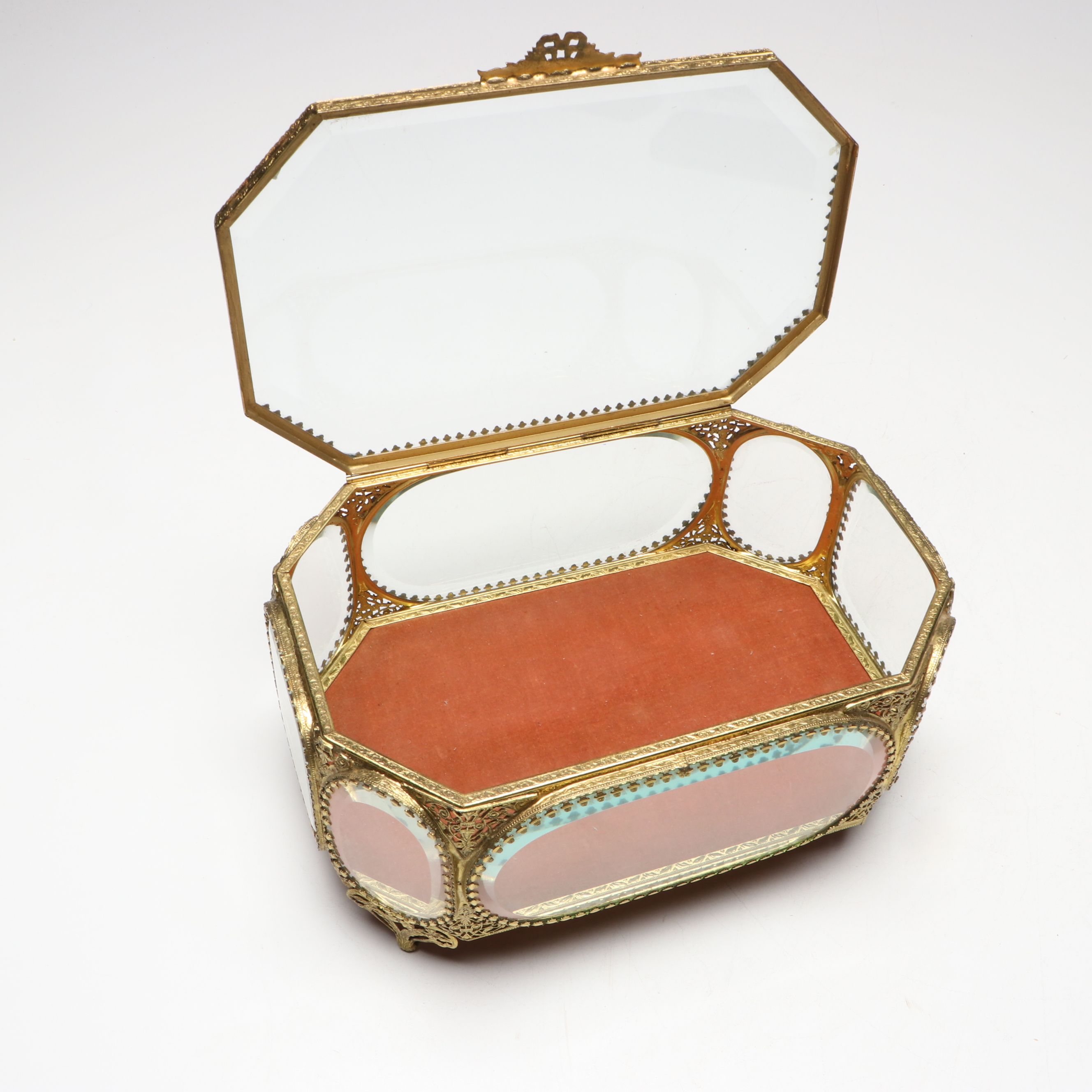 Ormolu Cased Jewelry Casket and Gilt Filigree Perfume Bottle