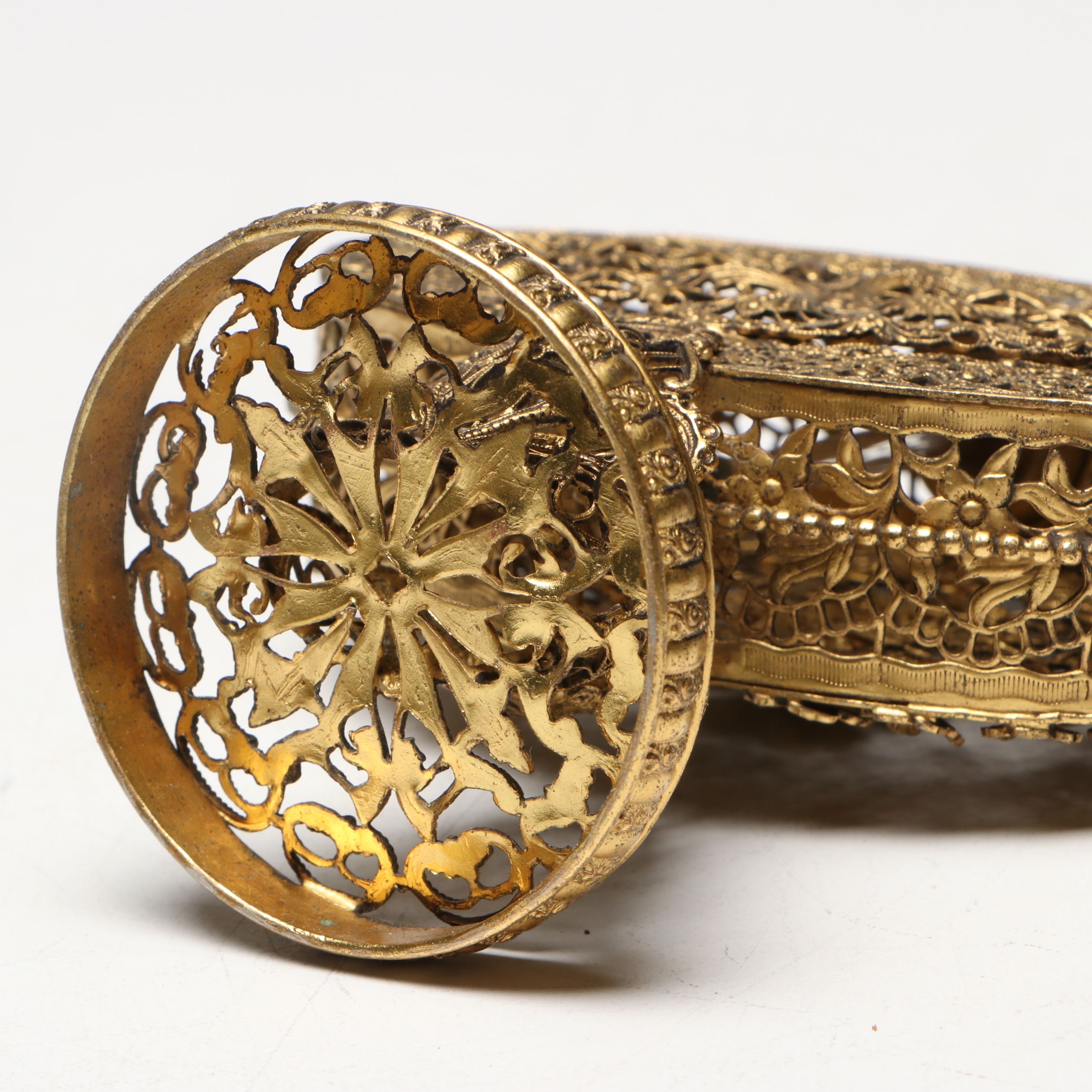 Ormolu Cased Jewelry Casket and Gilt Filigree Perfume Bottle