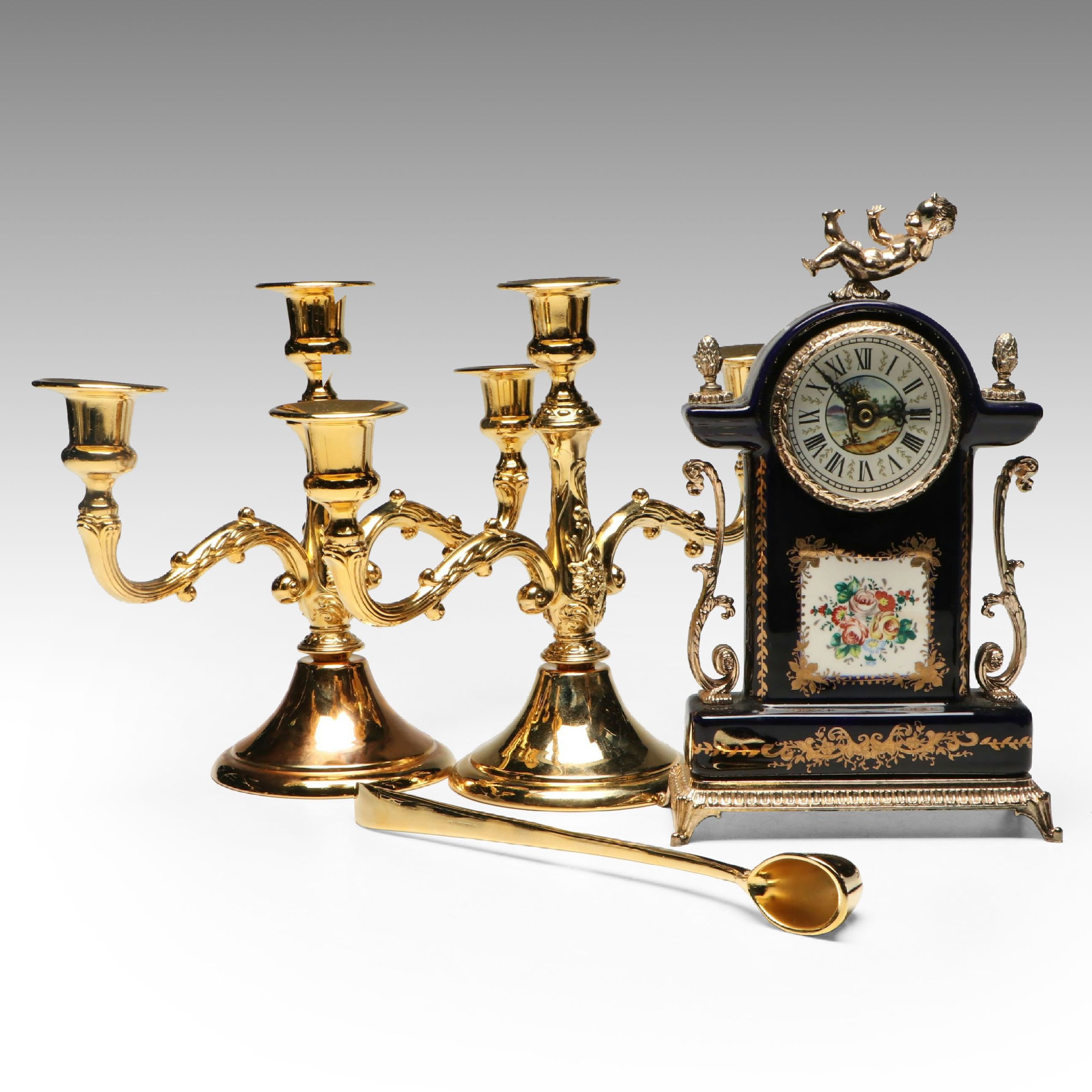 Sheratonn Gold Plate Candelabra and Snuffer with Victorian Style Mantel Clock