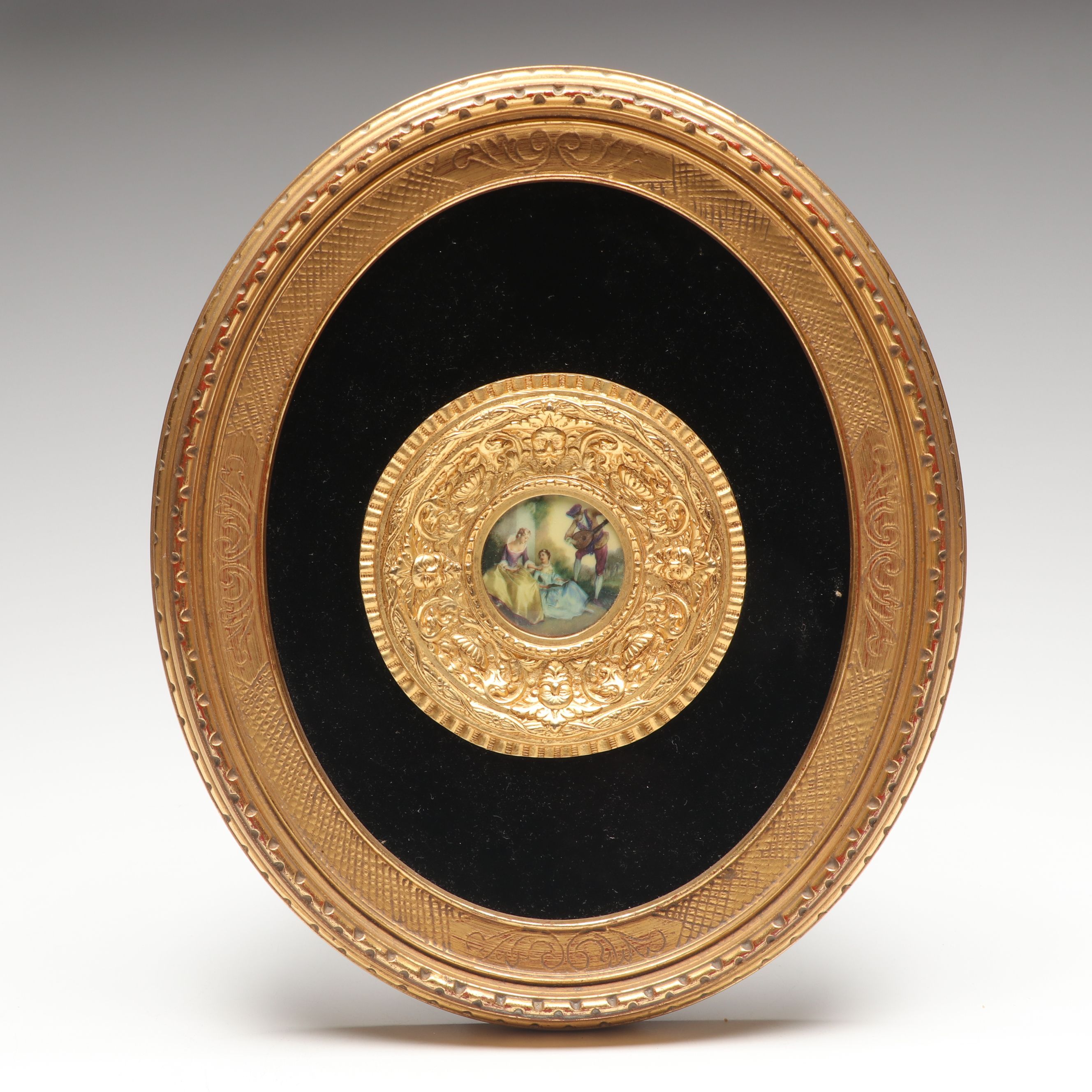 Transfer-Print Porcelain Miniature of Women and Minstrel in Giltwood Frame