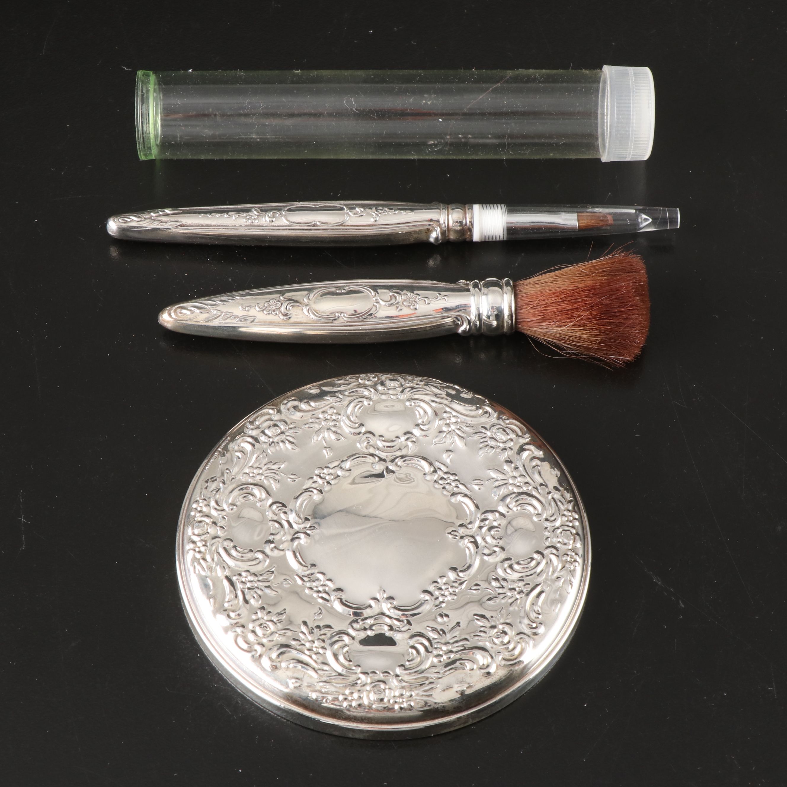 Towle "Beauty Marks" Sterling Silver Purse Mirror with Cosmetic Brushes