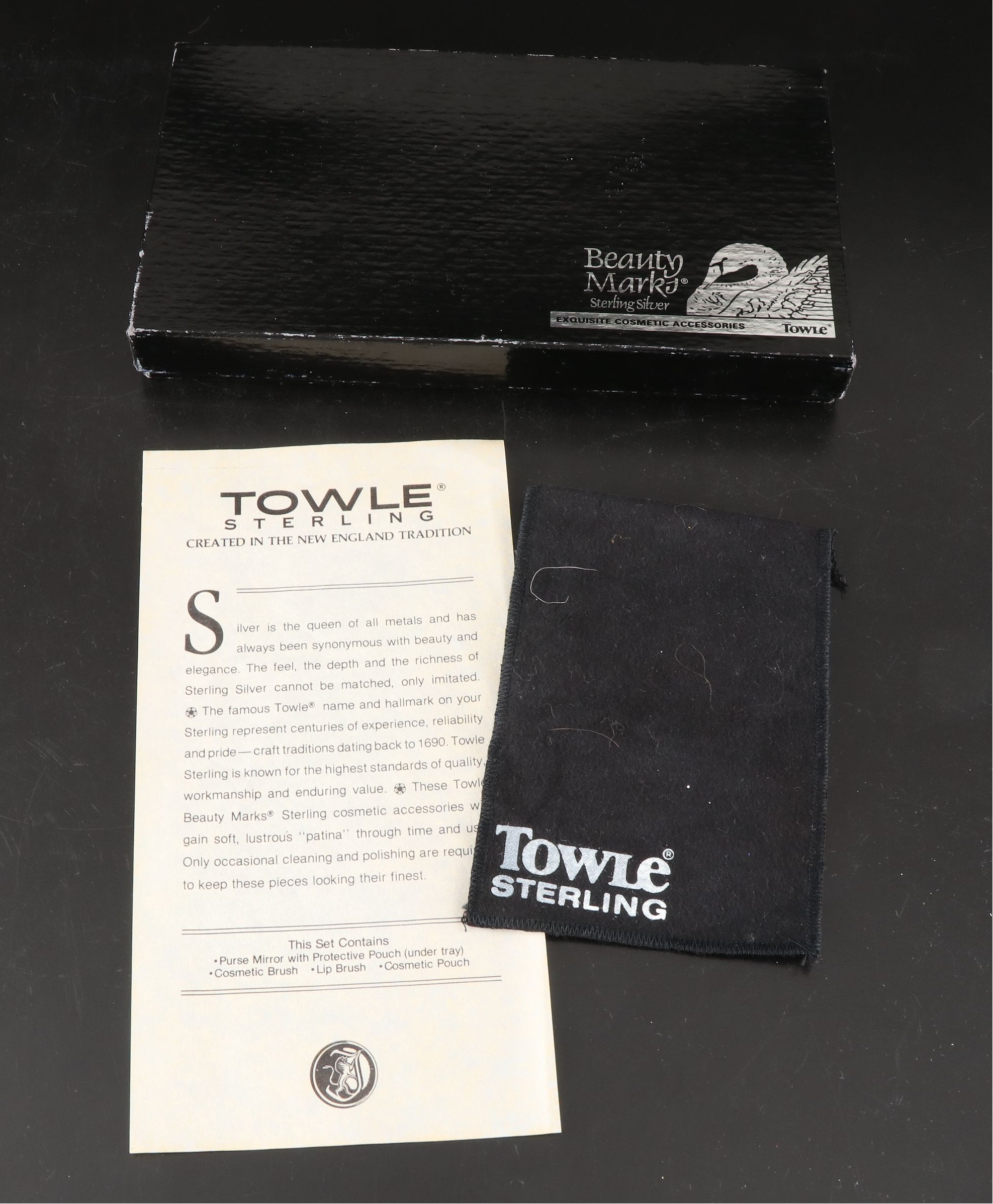 Towle "Beauty Marks" Sterling Silver Purse Mirror with Cosmetic Brushes