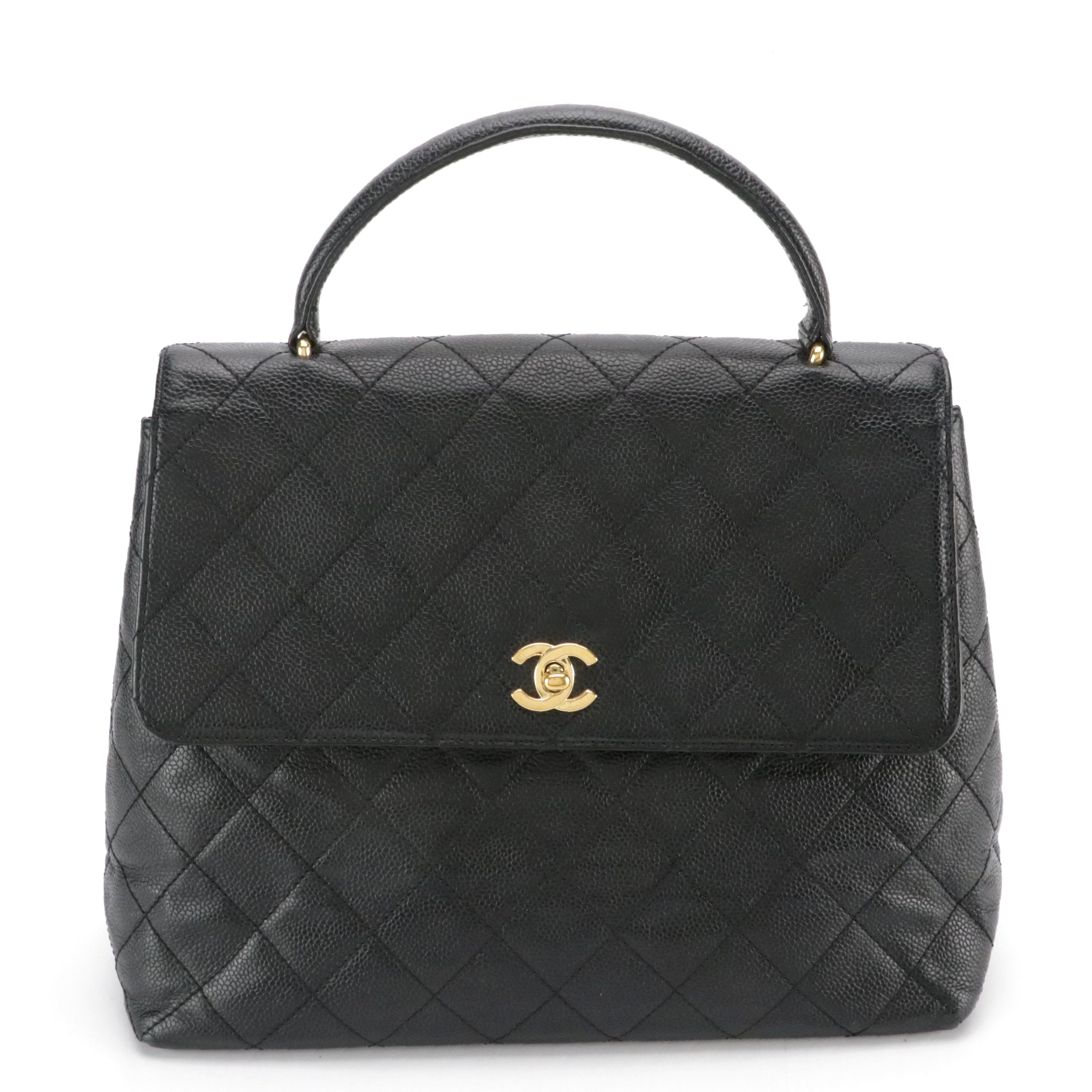 Chanel Kelly Top Handle Bag in Black Quilted Caviar Leather