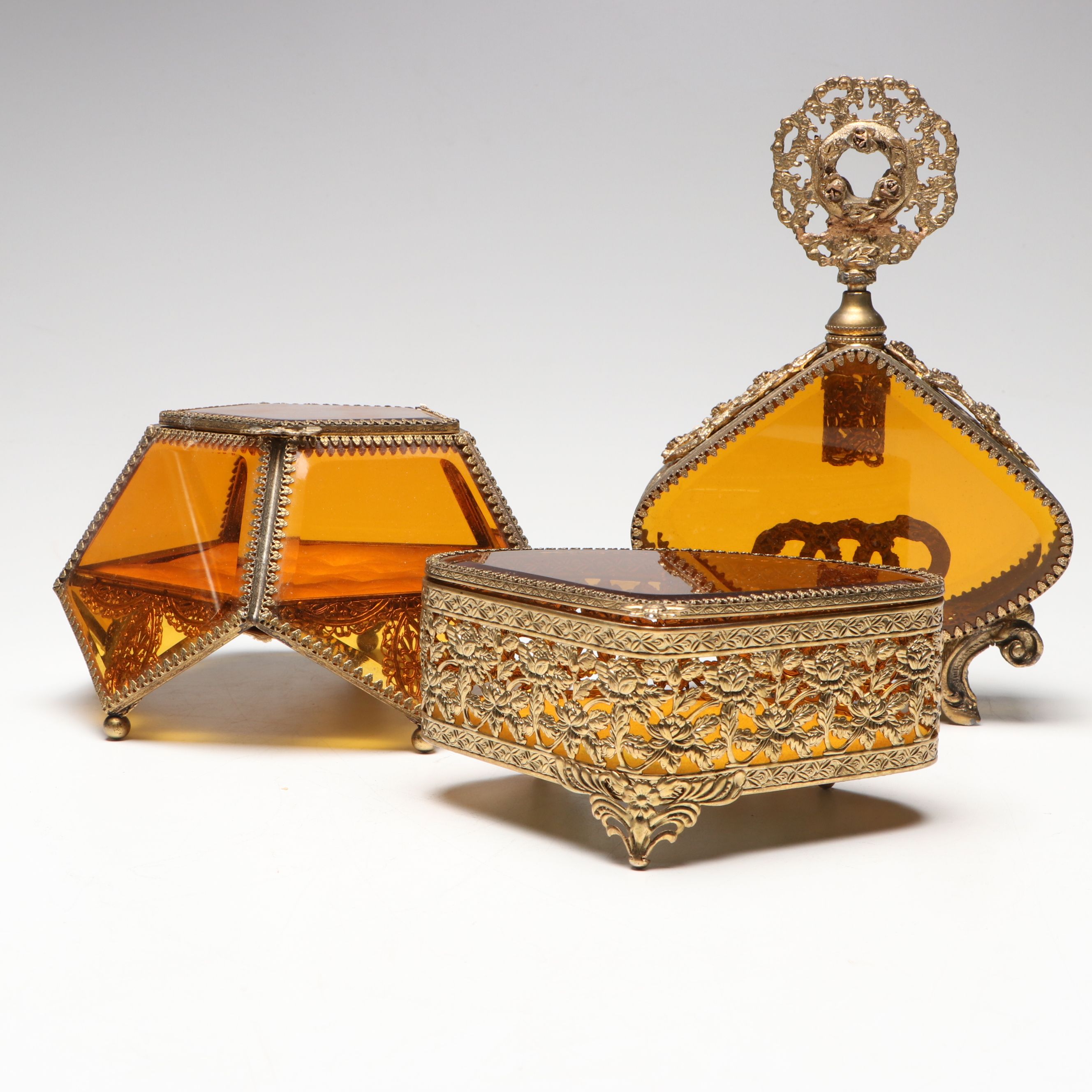 Gilt Metal and Beveled Amber Glass Jewelry Caskets with Perfume Bottle