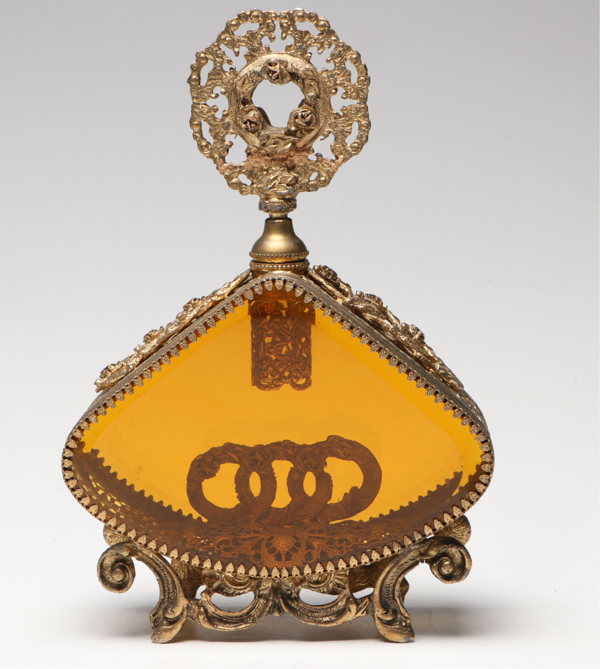 Gilt Metal and Beveled Amber Glass Jewelry Caskets with Perfume Bottle