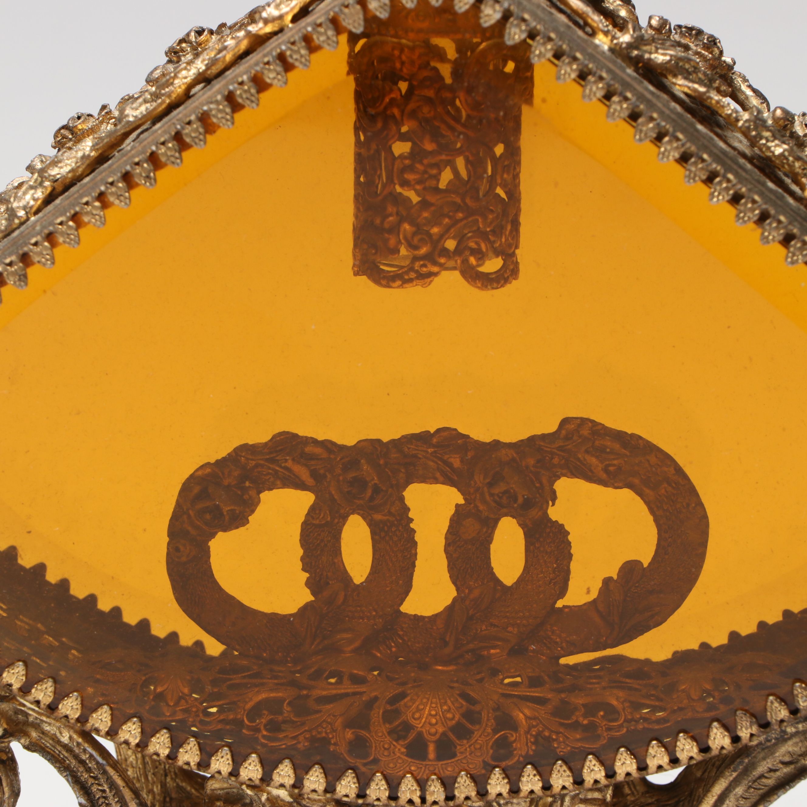 Gilt Metal and Beveled Amber Glass Jewelry Caskets with Perfume Bottle