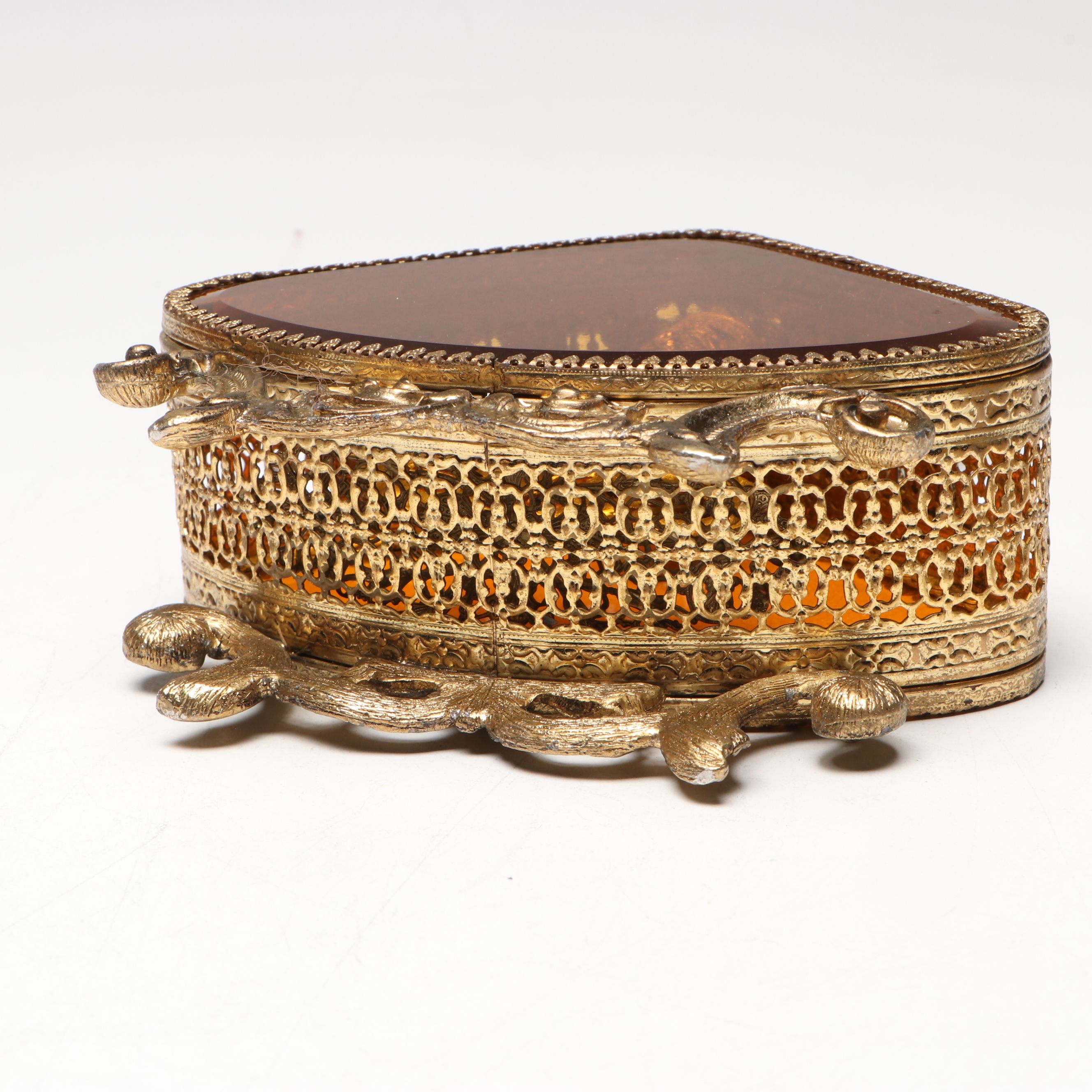 Gilt Metal and Beveled Amber Glass Jewelry Caskets with Perfume Bottle