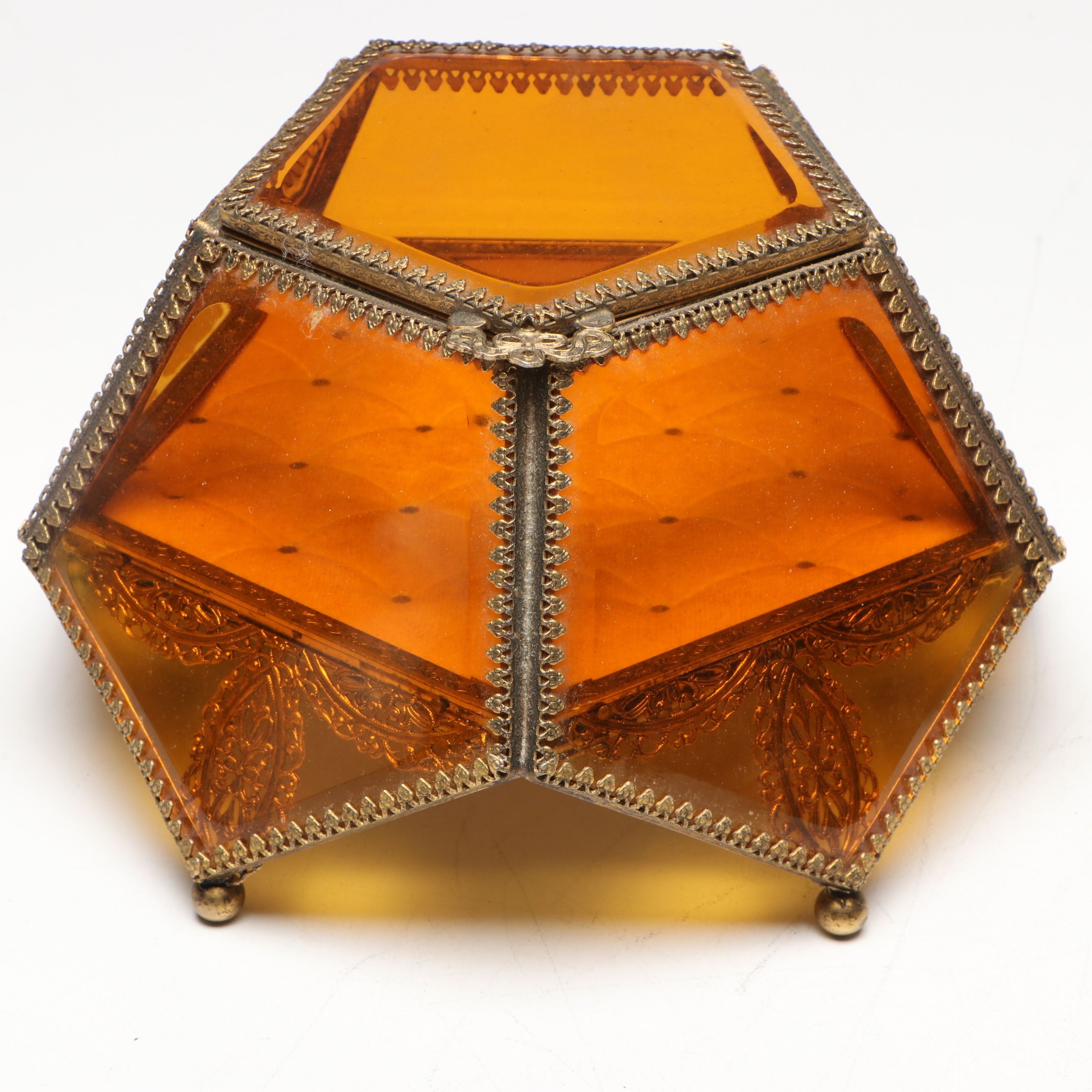 Gilt Metal and Beveled Amber Glass Jewelry Caskets with Perfume Bottle