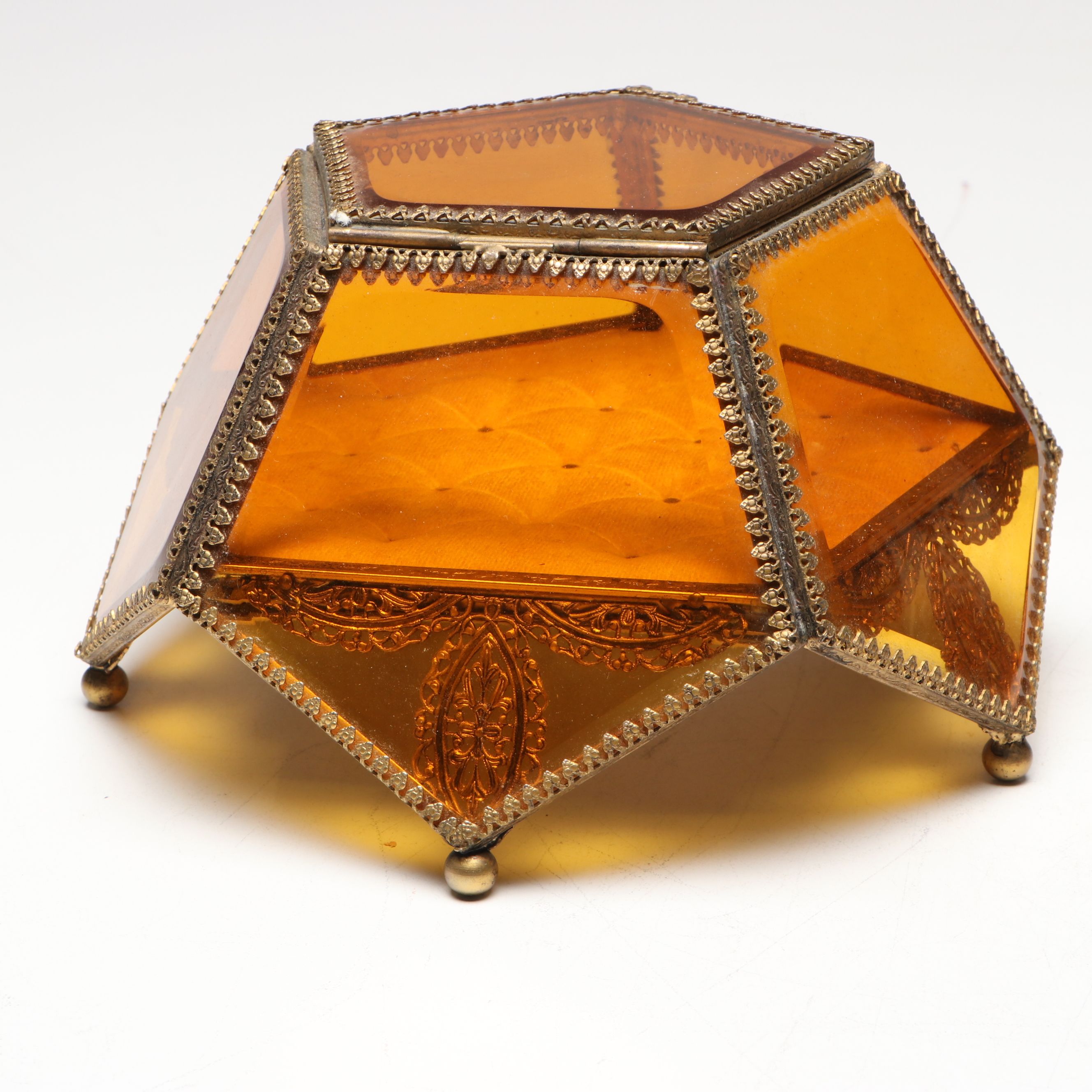 Gilt Metal and Beveled Amber Glass Jewelry Caskets with Perfume Bottle