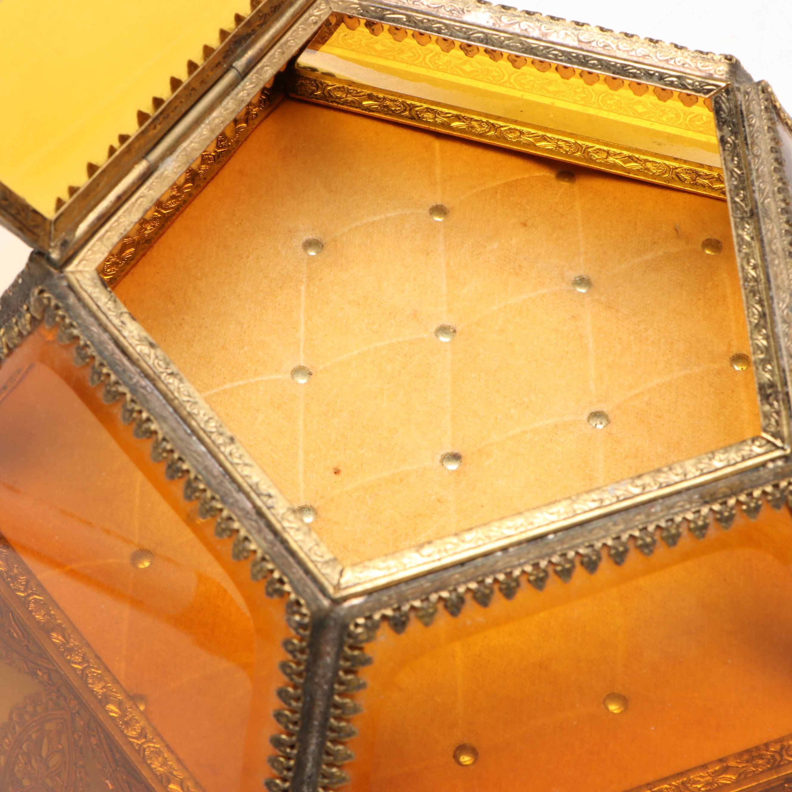 Gilt Metal and Beveled Amber Glass Jewelry Caskets with Perfume Bottle