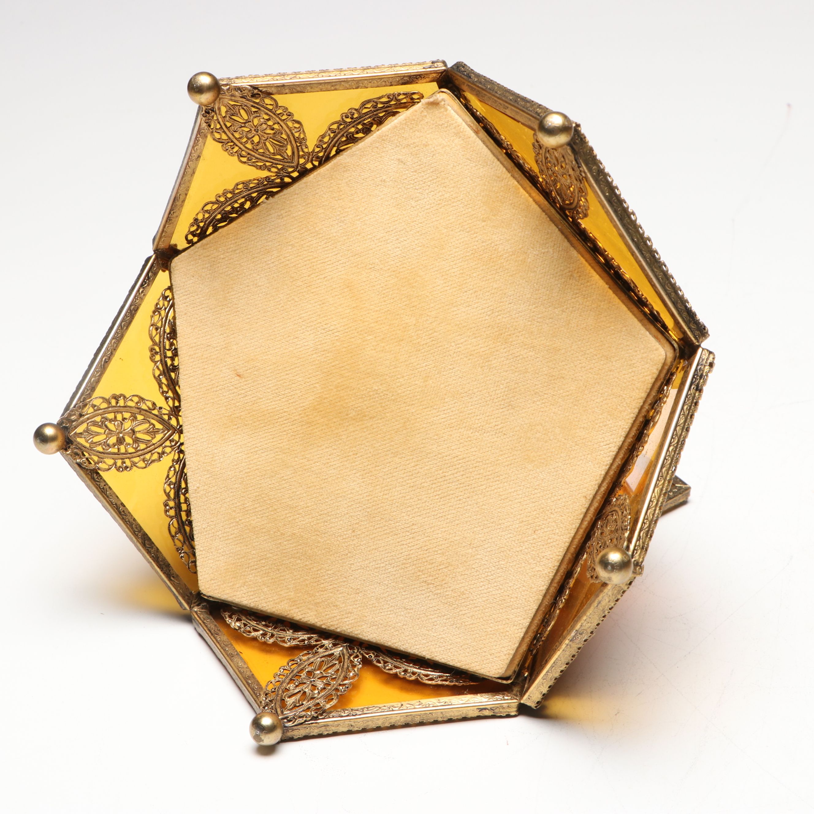 Gilt Metal and Beveled Amber Glass Jewelry Caskets with Perfume Bottle