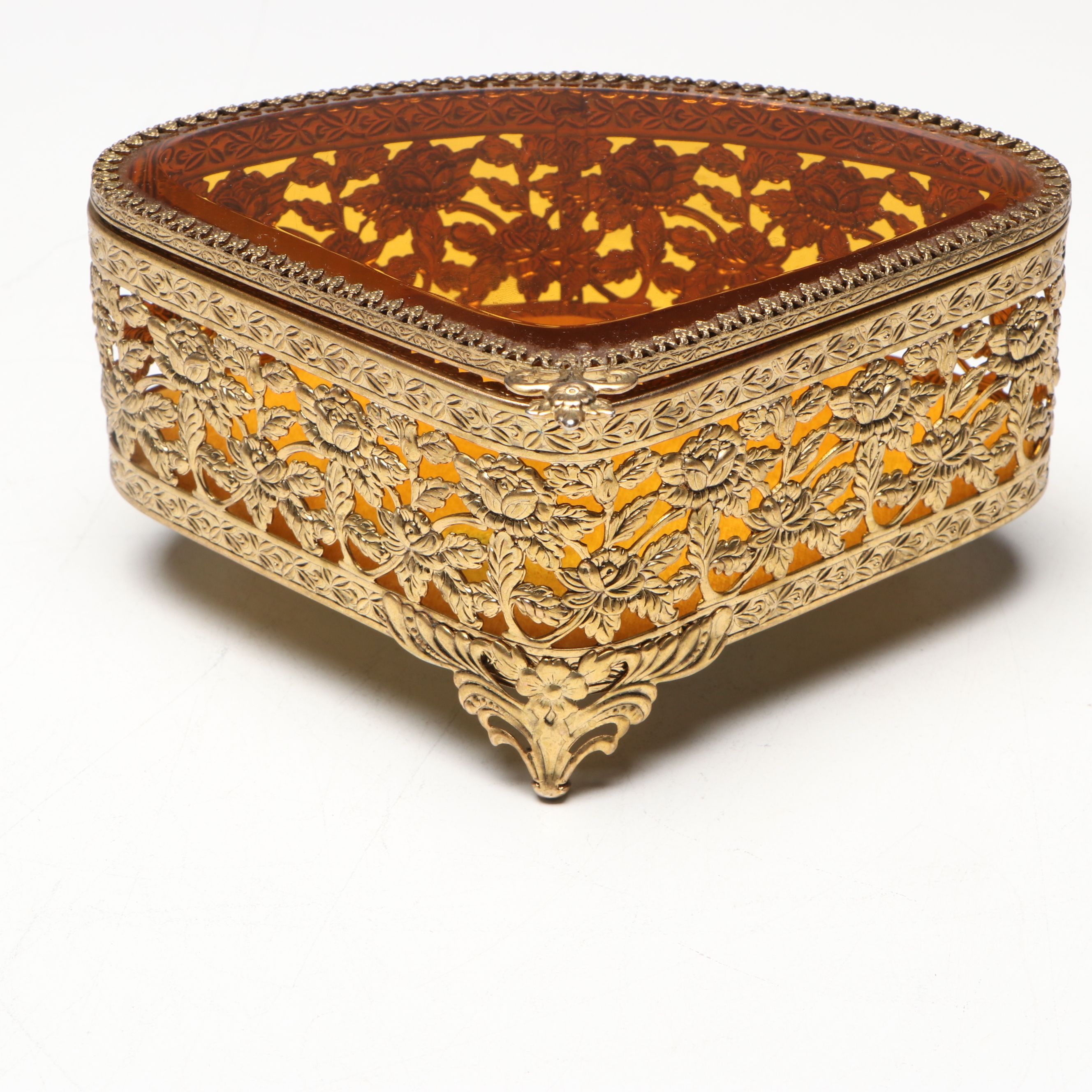 Gilt Metal and Beveled Amber Glass Jewelry Caskets with Perfume Bottle