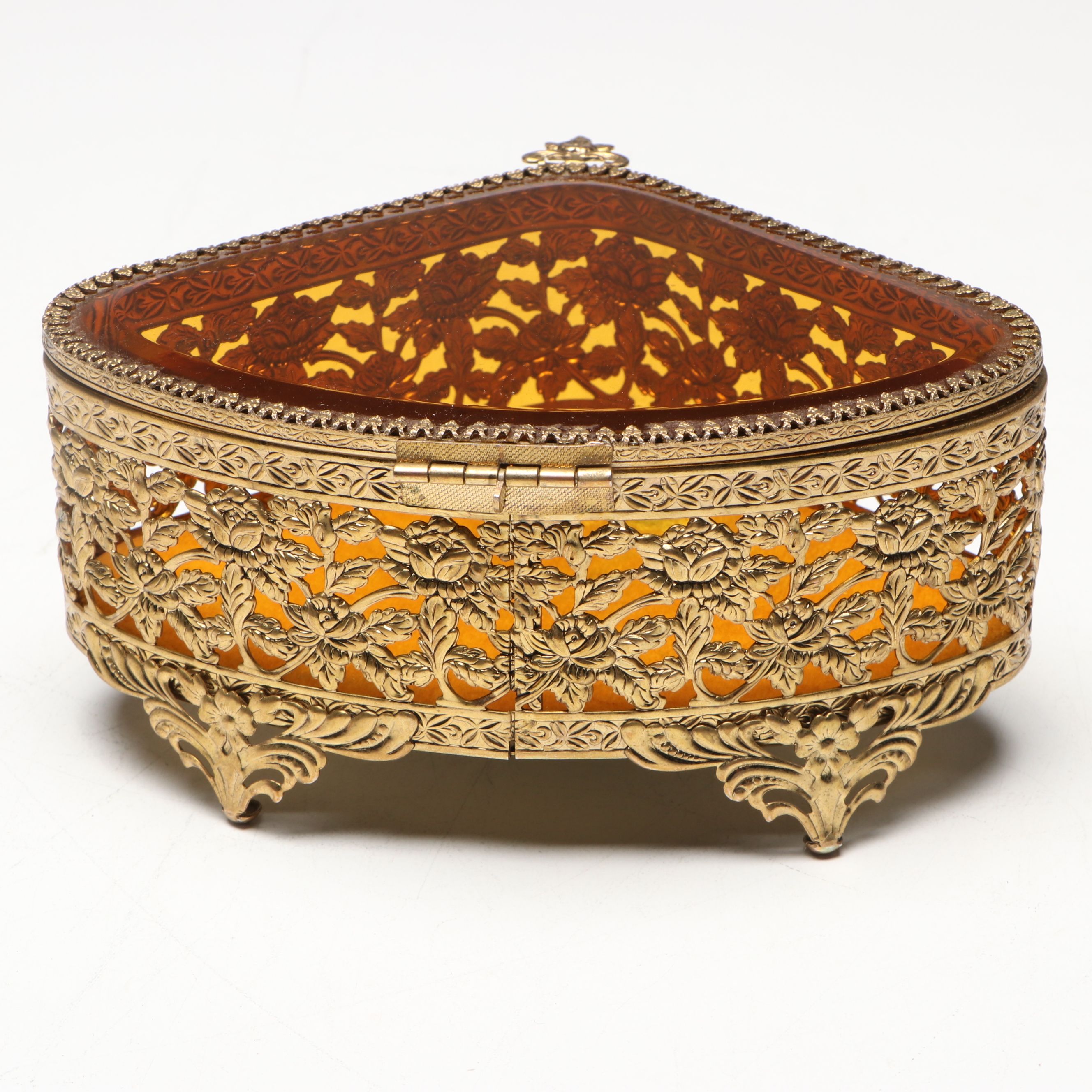 Gilt Metal and Beveled Amber Glass Jewelry Caskets with Perfume Bottle