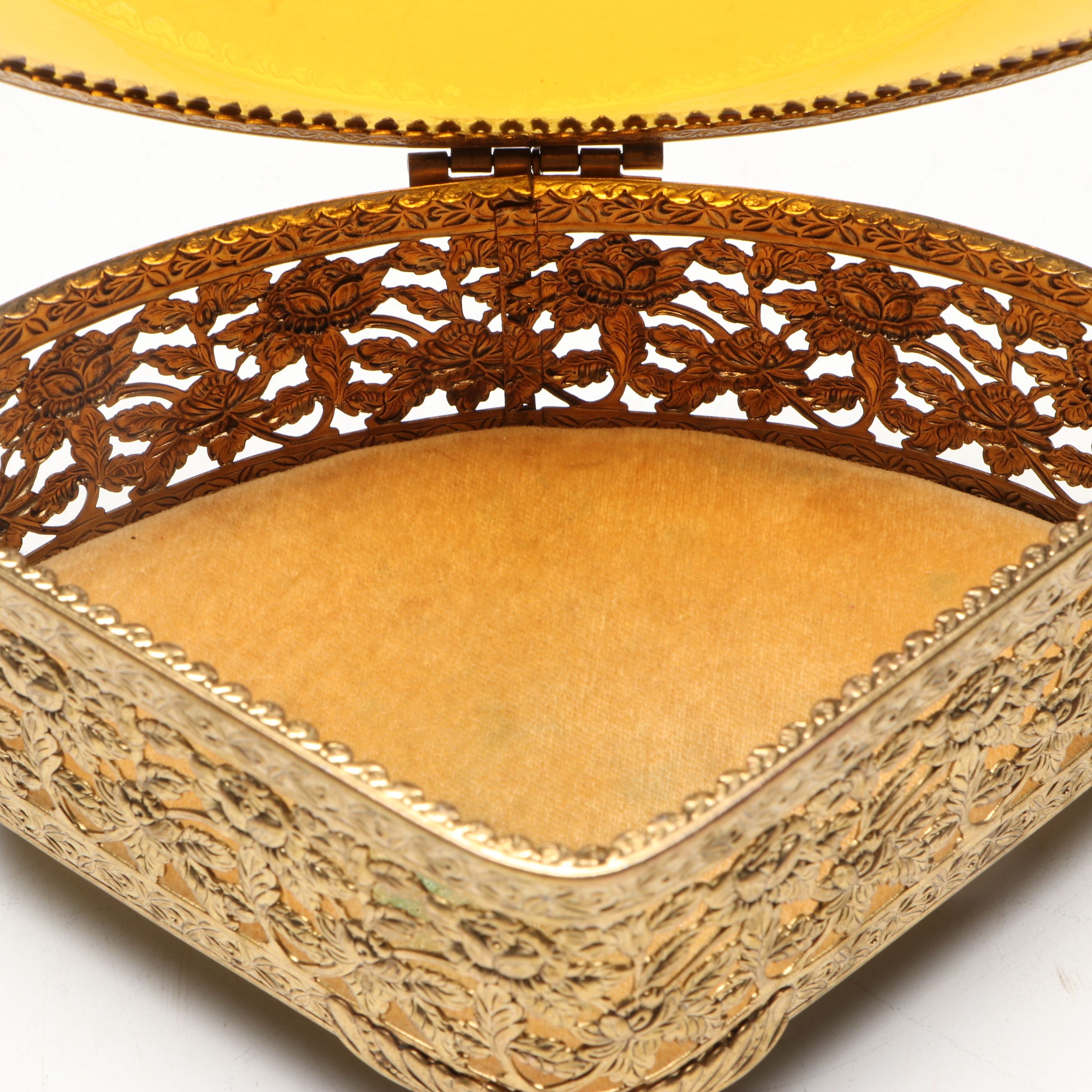 Gilt Metal and Beveled Amber Glass Jewelry Caskets with Perfume Bottle