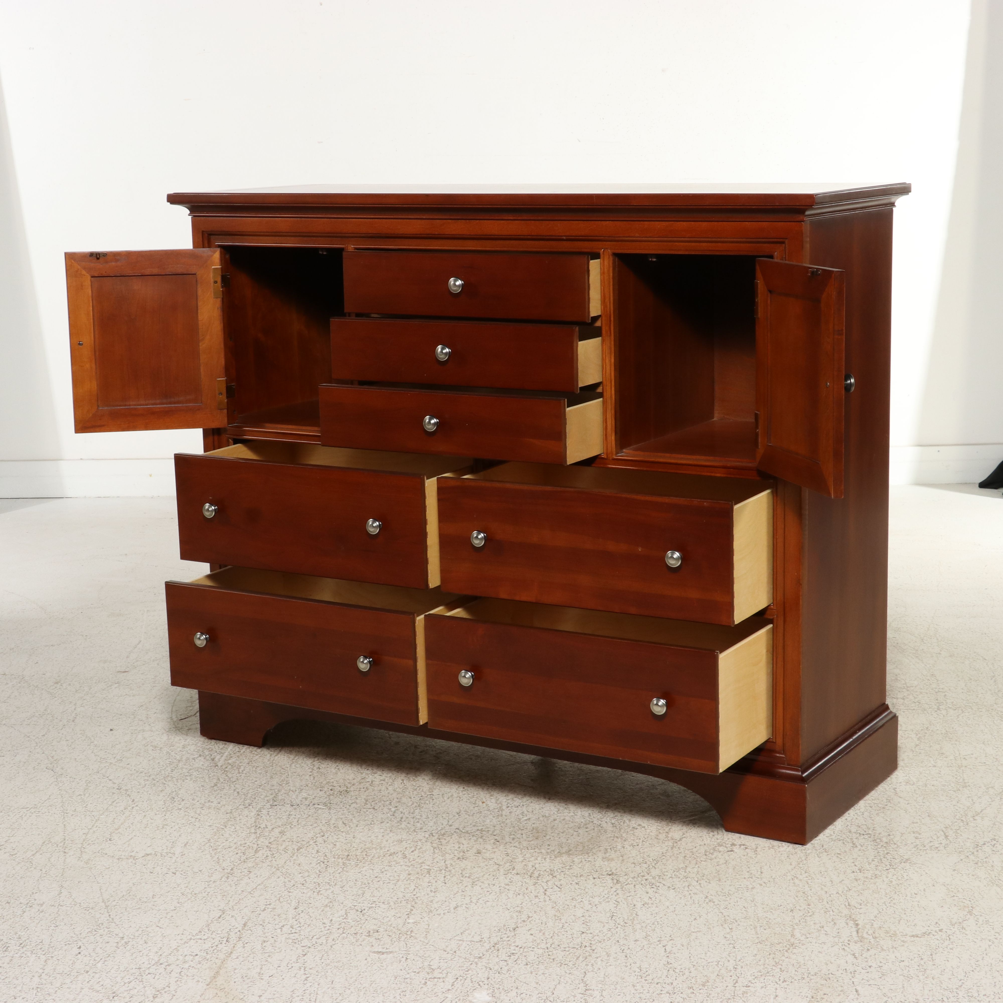 Stanley Furniture Cherry Dresser with Leather Wrapped Mirror