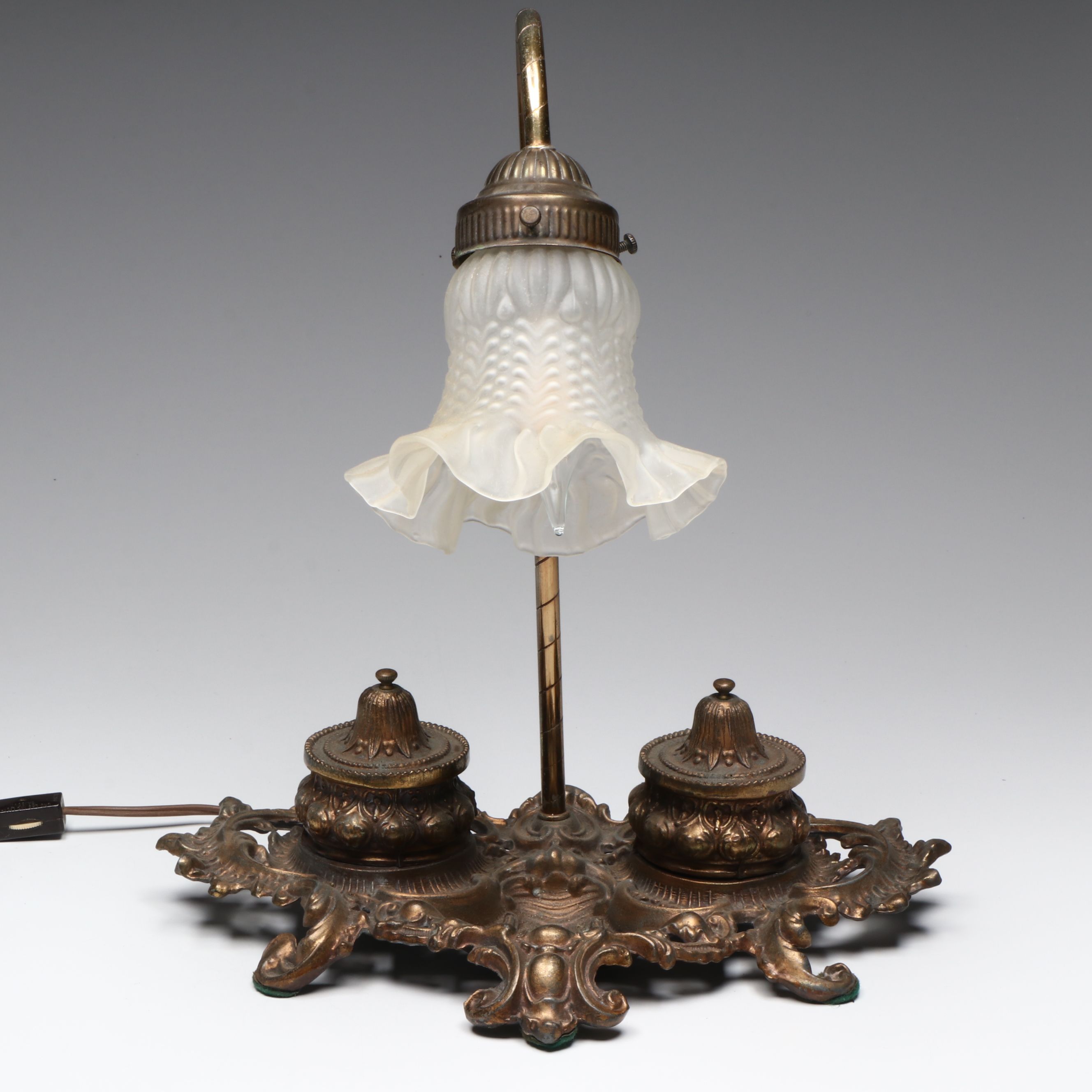 Rococo Revival Style Bronzed Spelter Double Inkwell with Desk Lamp