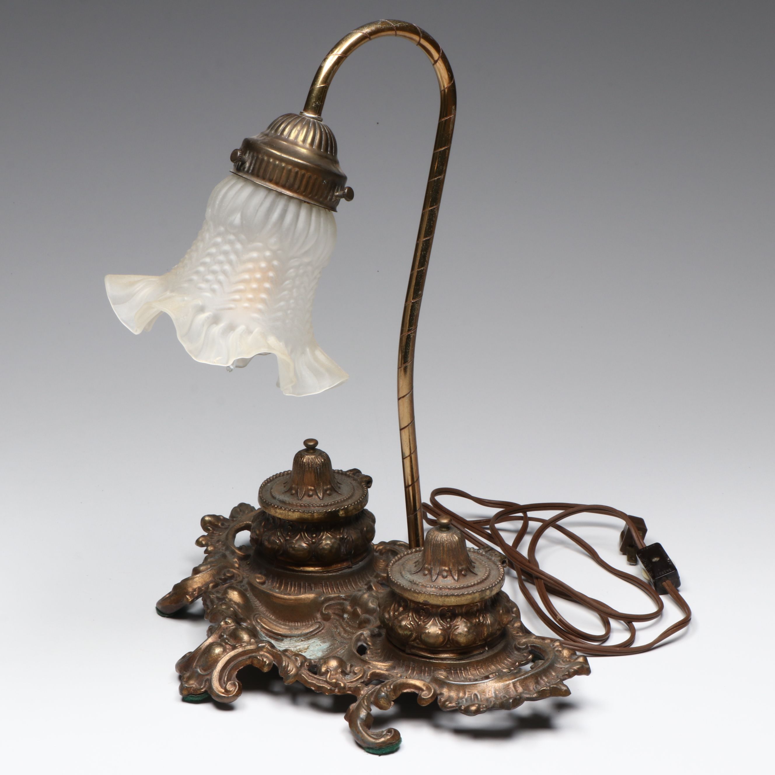 Rococo Revival Style Bronzed Spelter Double Inkwell with Desk Lamp