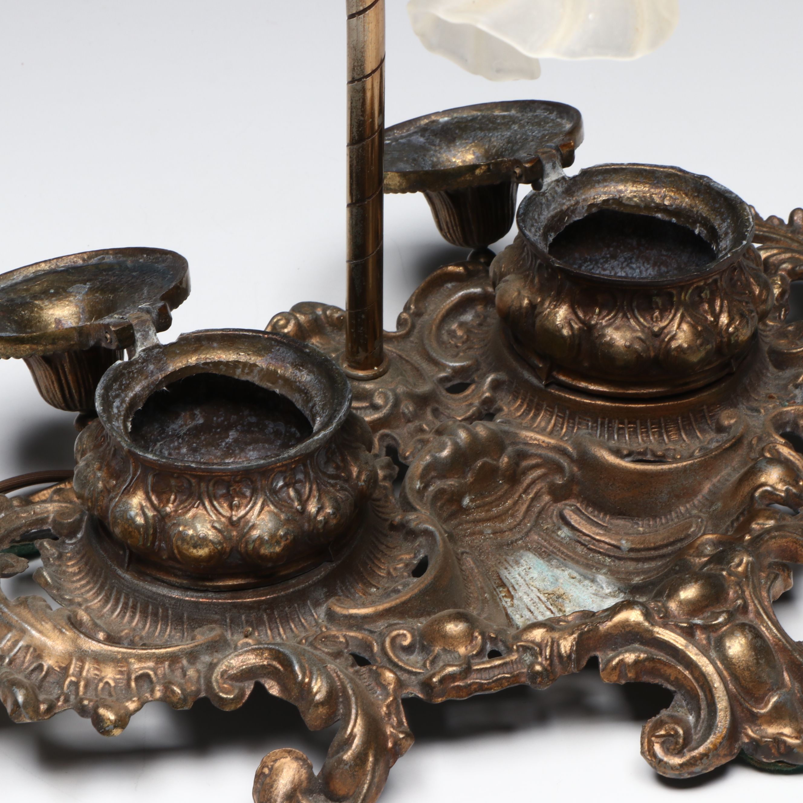 Rococo Revival Style Bronzed Spelter Double Inkwell with Desk Lamp