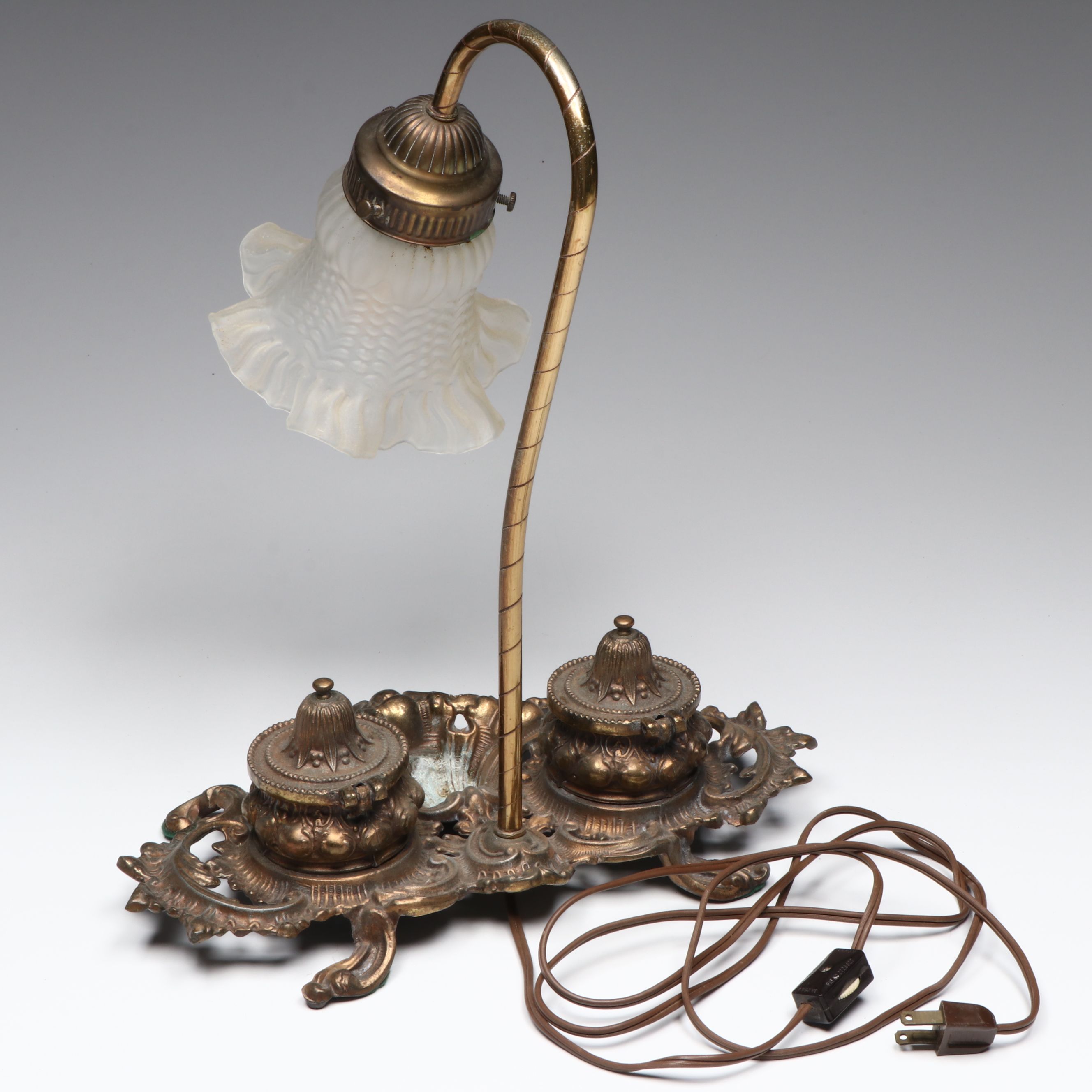 Rococo Revival Style Bronzed Spelter Double Inkwell with Desk Lamp