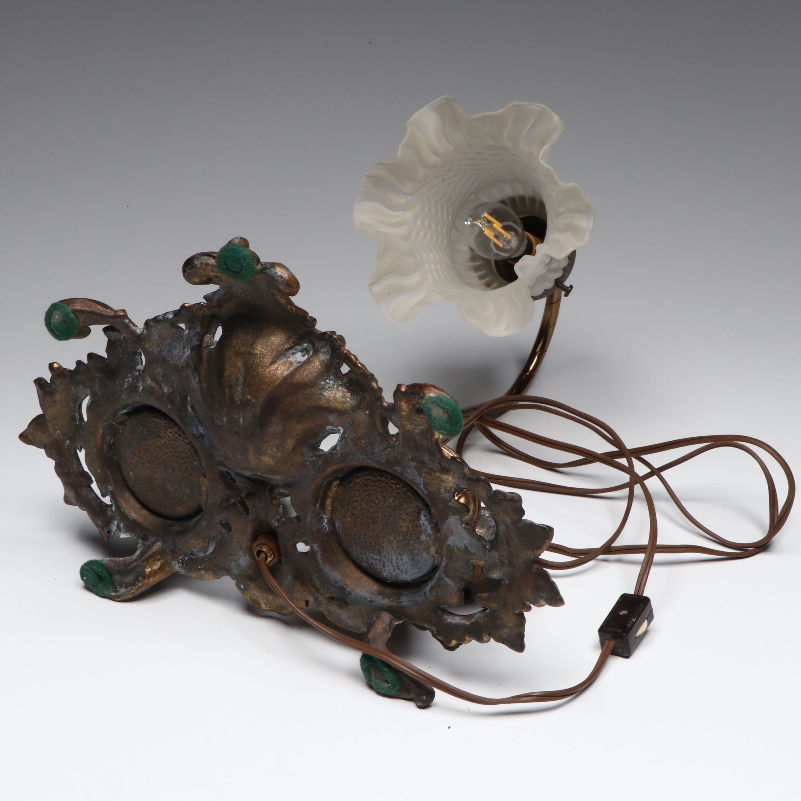 Rococo Revival Style Bronzed Spelter Double Inkwell with Desk Lamp