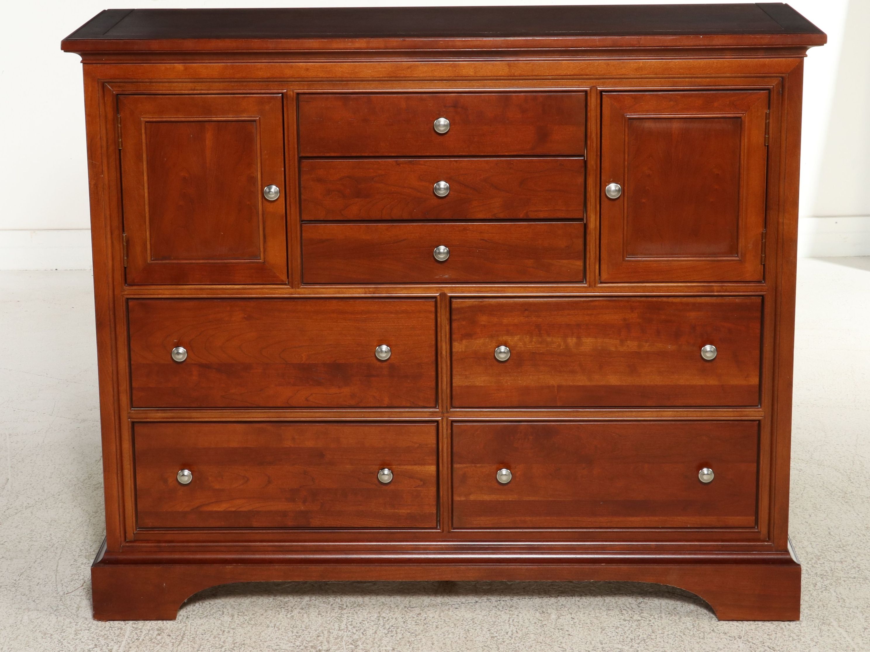 Stanley Furniture Cherry Dresser with Leather Wrapped Mirror