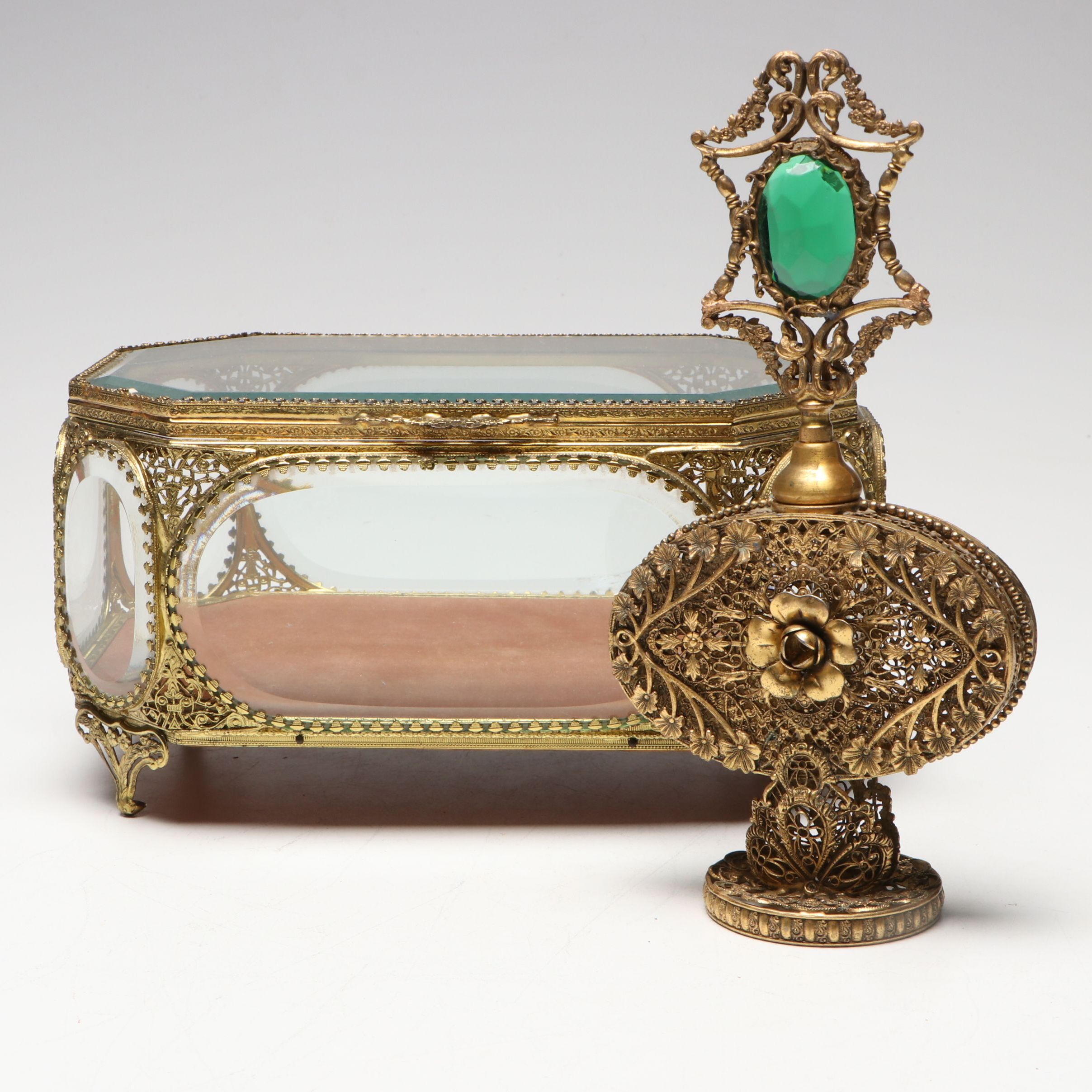 Ormolu Cased Jewelry Casket and Gilt Filigree Perfume Bottle