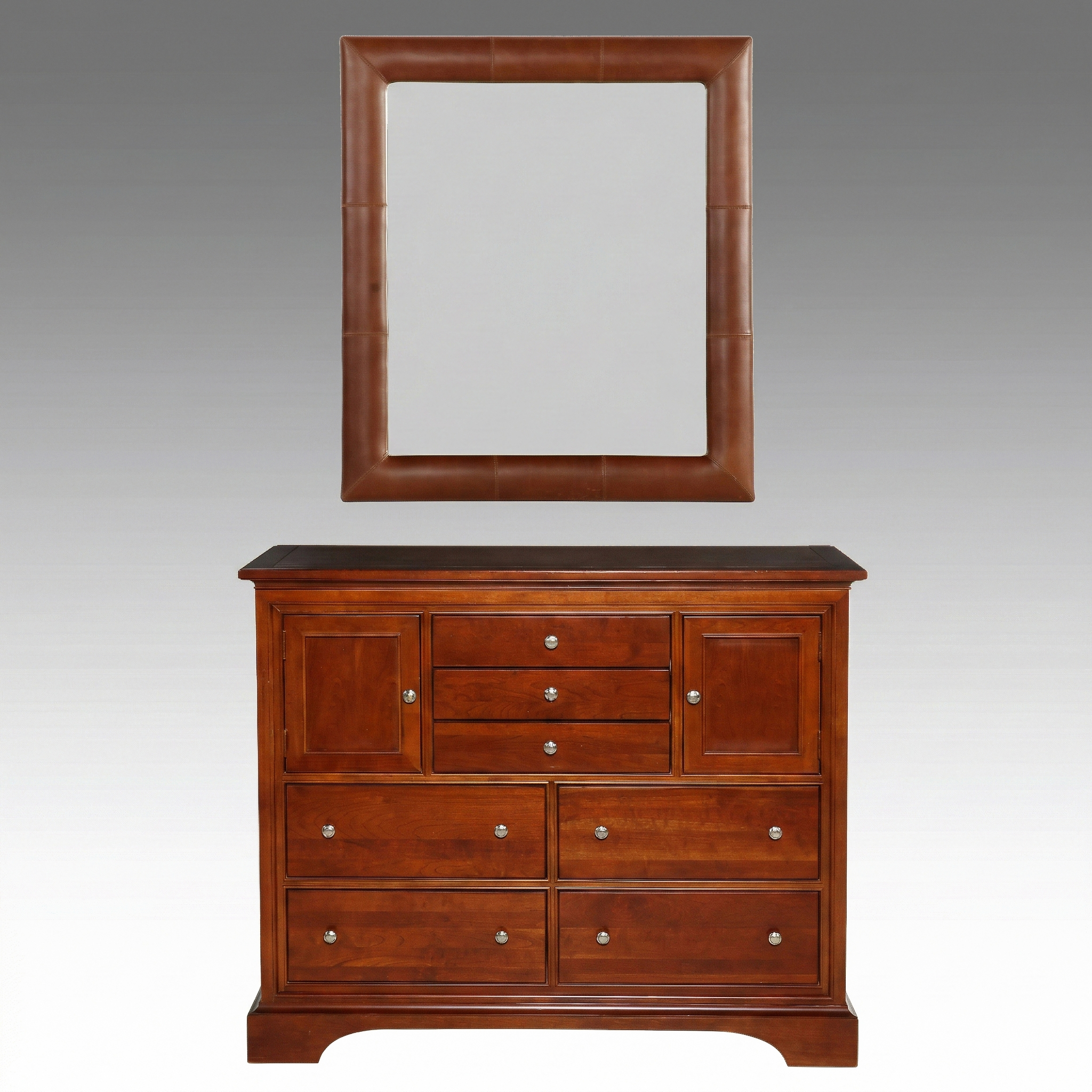 Stanley Furniture Cherry Dresser with Leather Wrapped Mirror