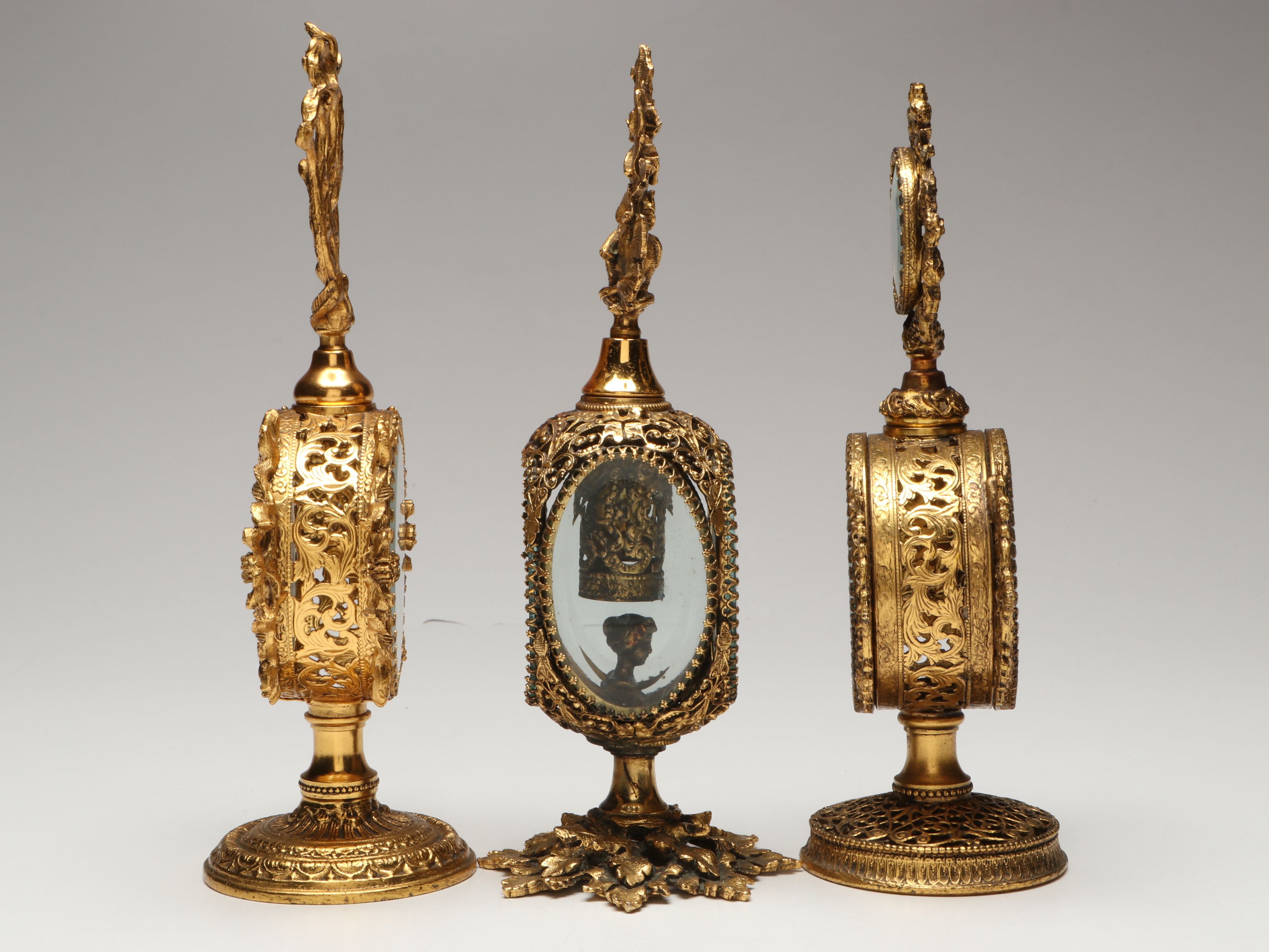 Gilt Metal Filigree and Beveled Glass Perfume Bottles with Jewelry Casket