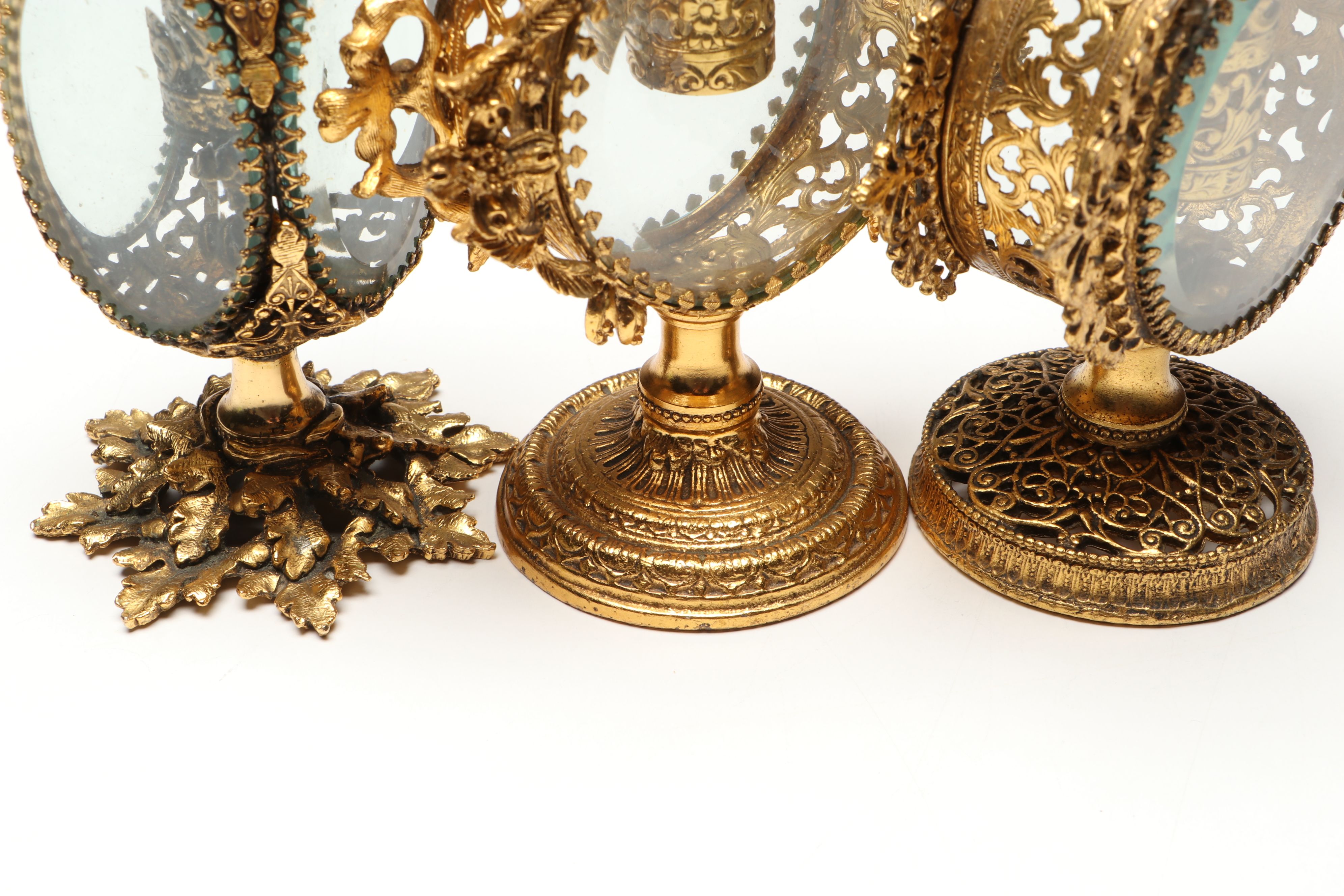 Gilt Metal Filigree and Beveled Glass Perfume Bottles with Jewelry Casket