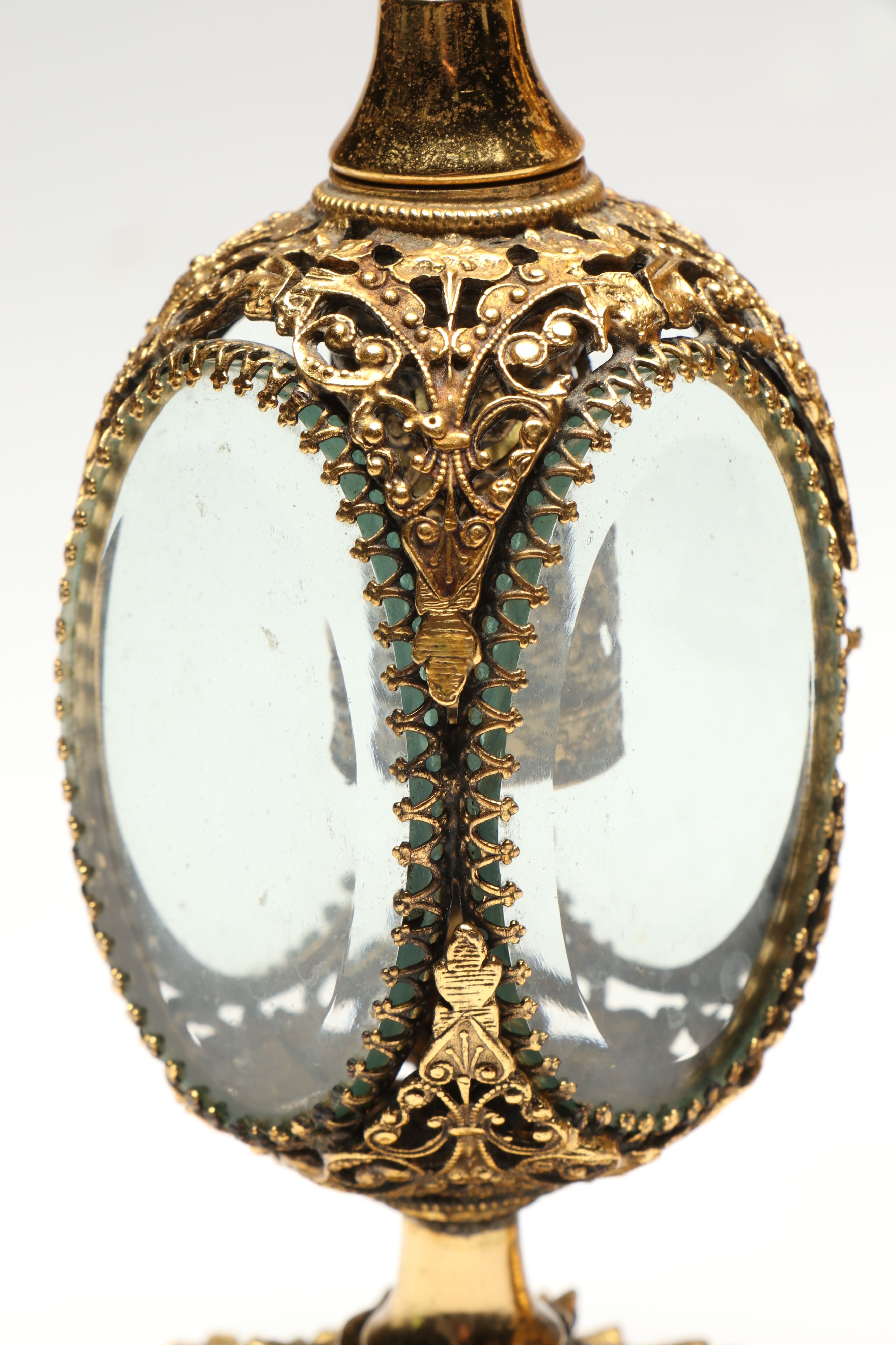 Gilt Metal Filigree and Beveled Glass Perfume Bottles with Jewelry Casket