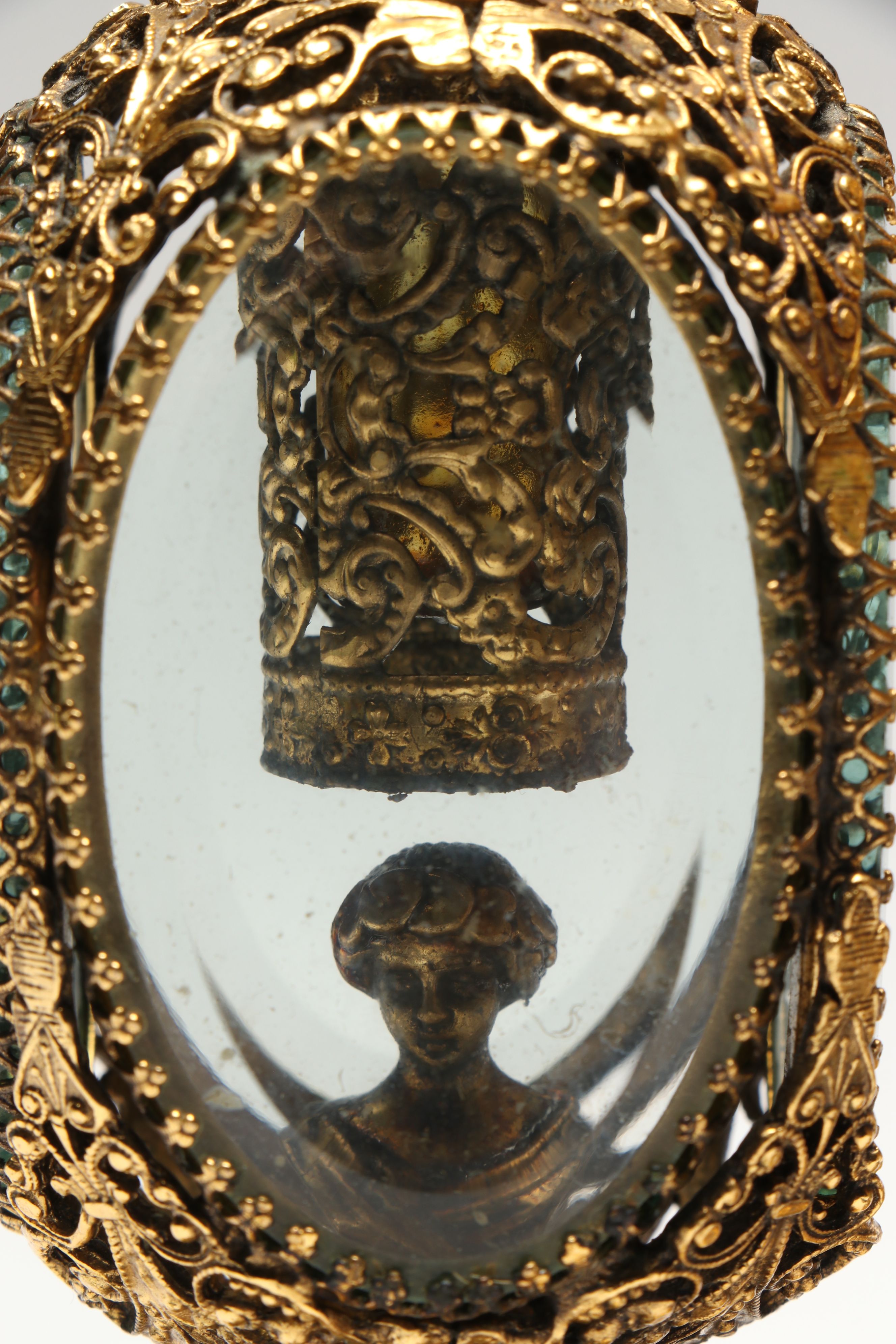 Gilt Metal Filigree and Beveled Glass Perfume Bottles with Jewelry Casket