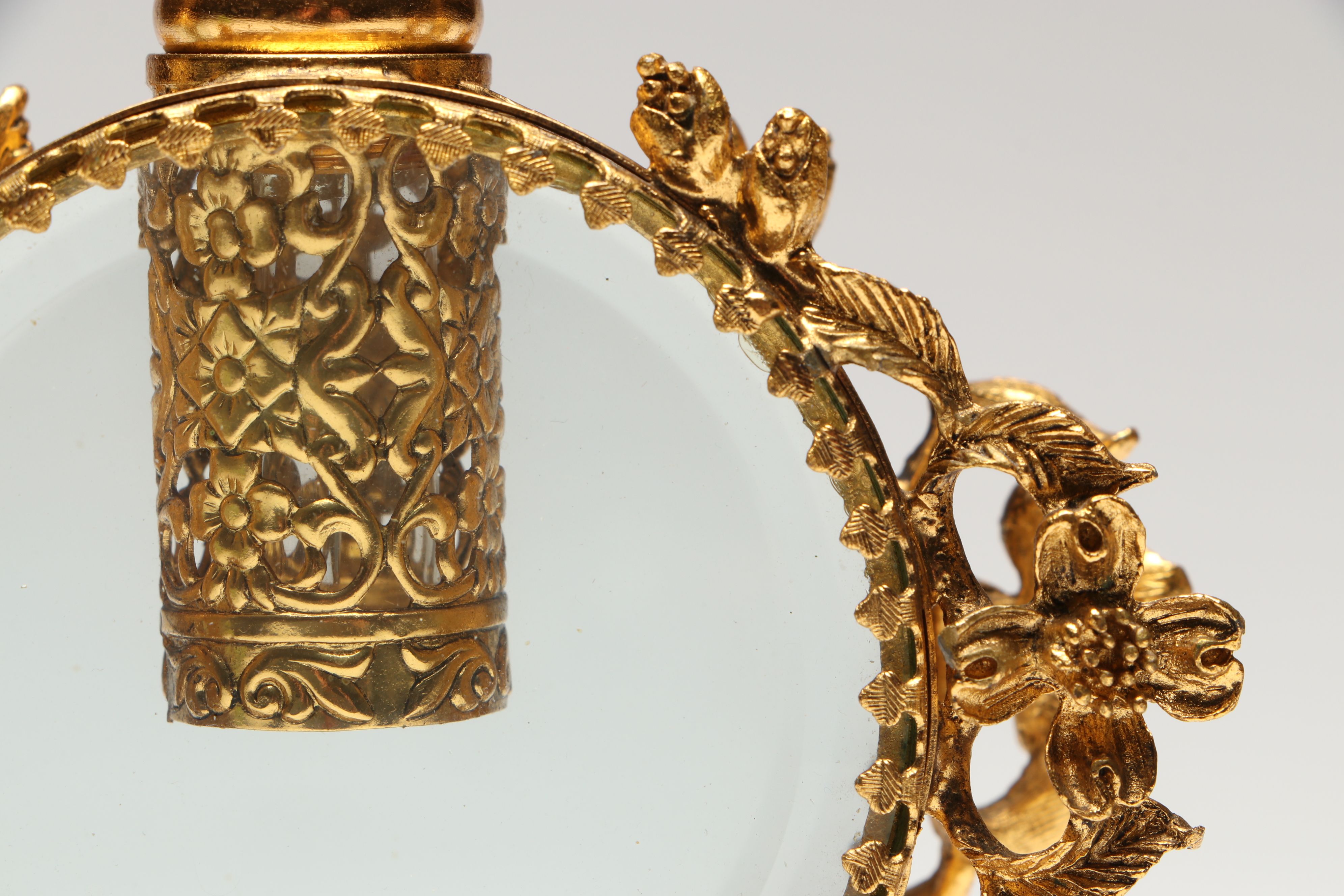 Gilt Metal Filigree and Beveled Glass Perfume Bottles with Jewelry Casket