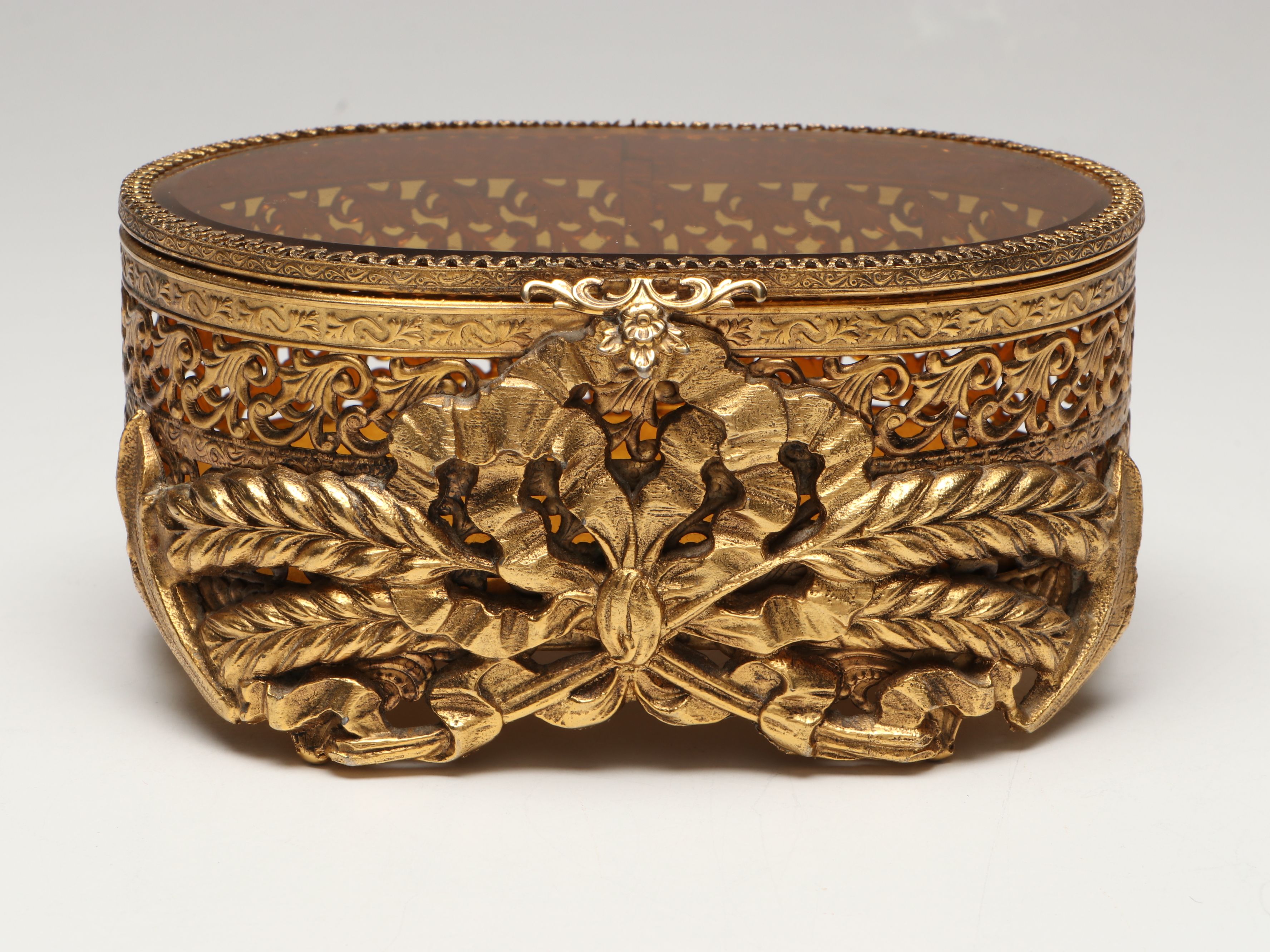 Gilt Metal Filigree and Beveled Glass Perfume Bottles with Jewelry Casket