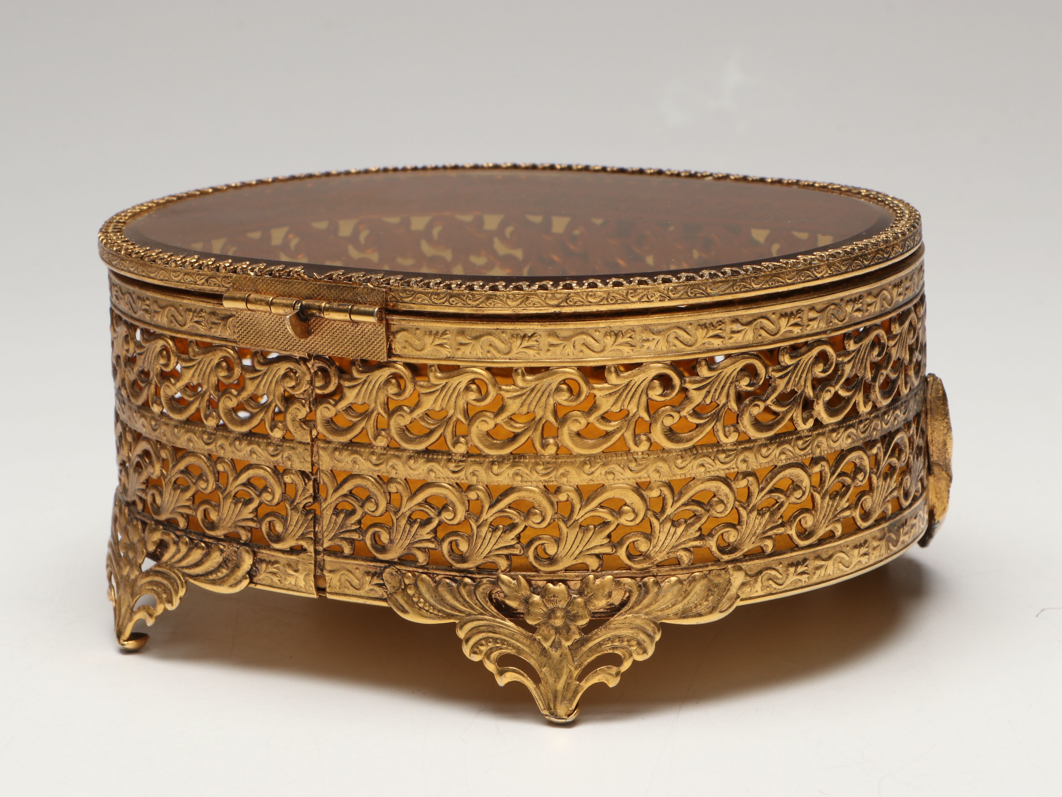 Gilt Metal Filigree and Beveled Glass Perfume Bottles with Jewelry Casket