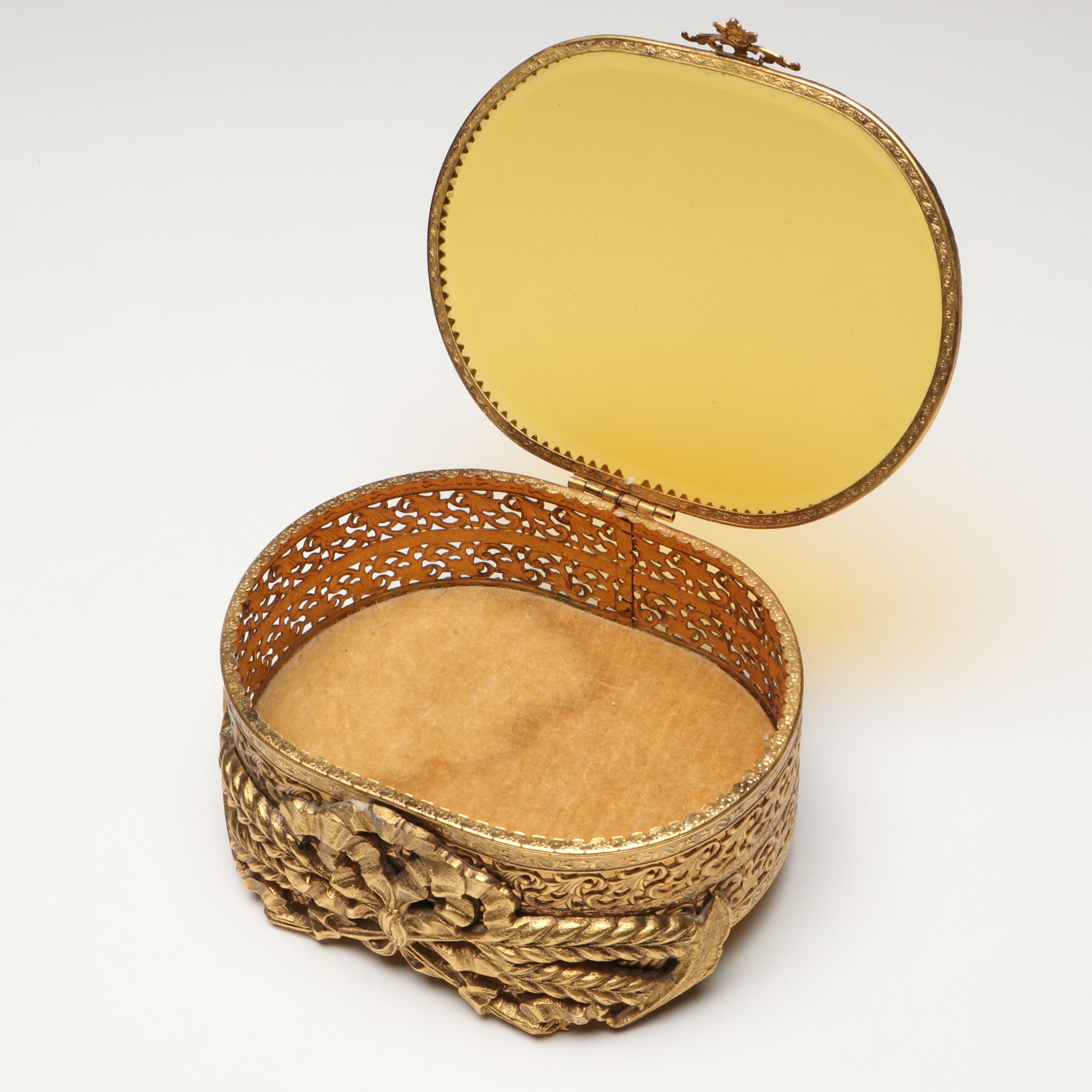 Gilt Metal Filigree and Beveled Glass Perfume Bottles with Jewelry Casket