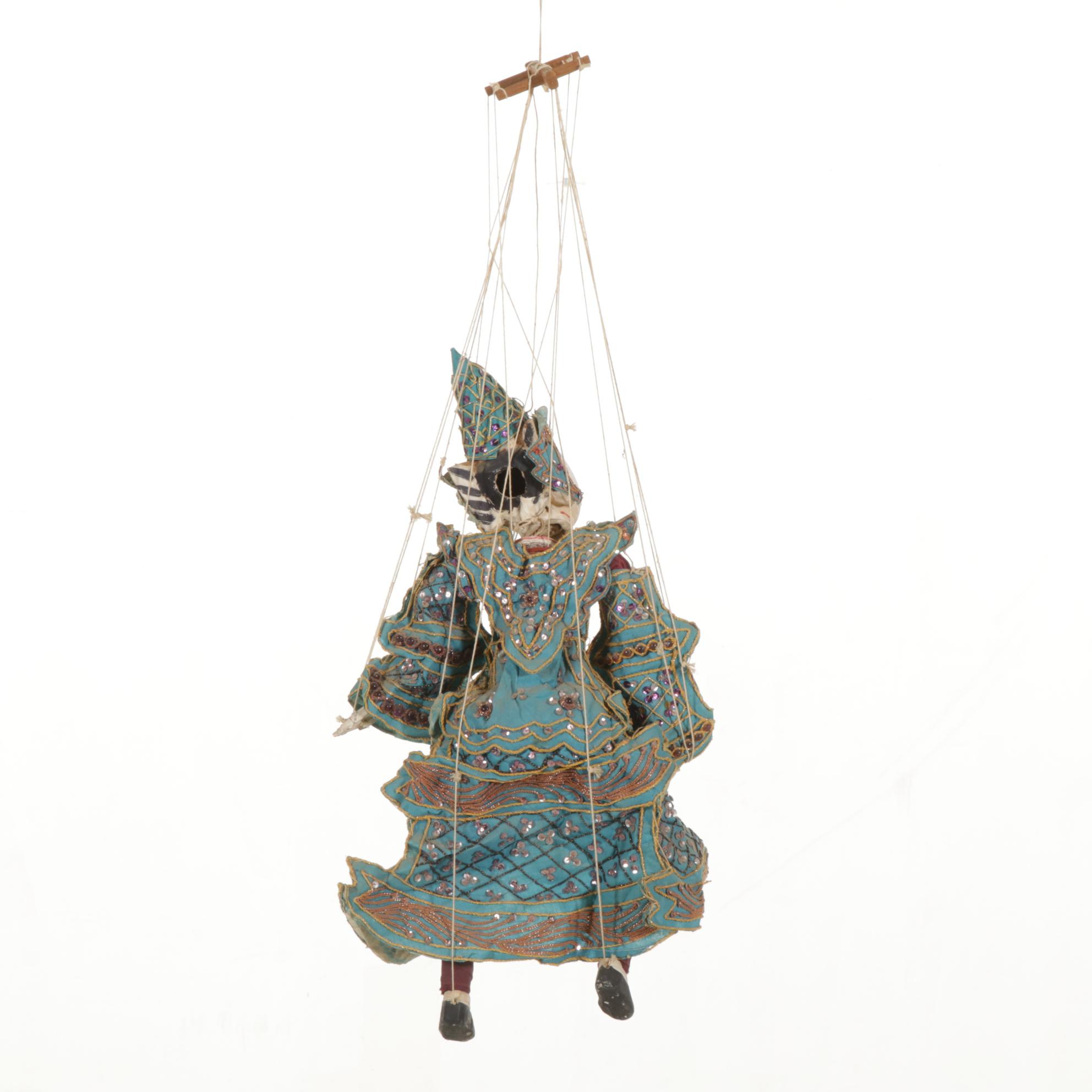 Burmese Carved Wood and Silk Articulated Marionette, Mid to Late 20th Century