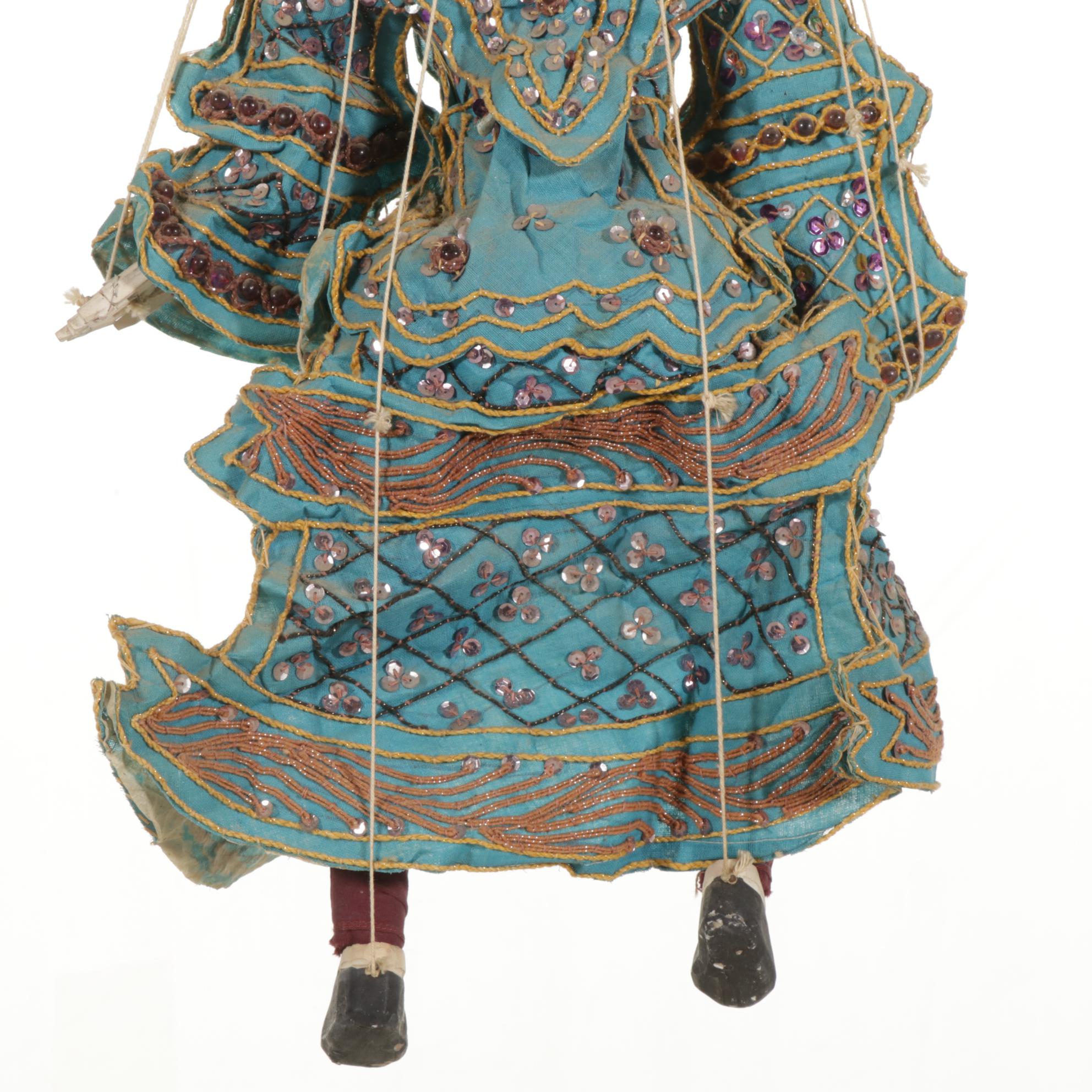 Burmese Carved Wood and Silk Articulated Marionette, Mid to Late 20th Century