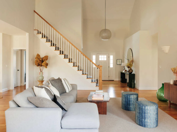 Pair of Skyline Furniture Blue Batik Upholstered Cylindrical Ottomans