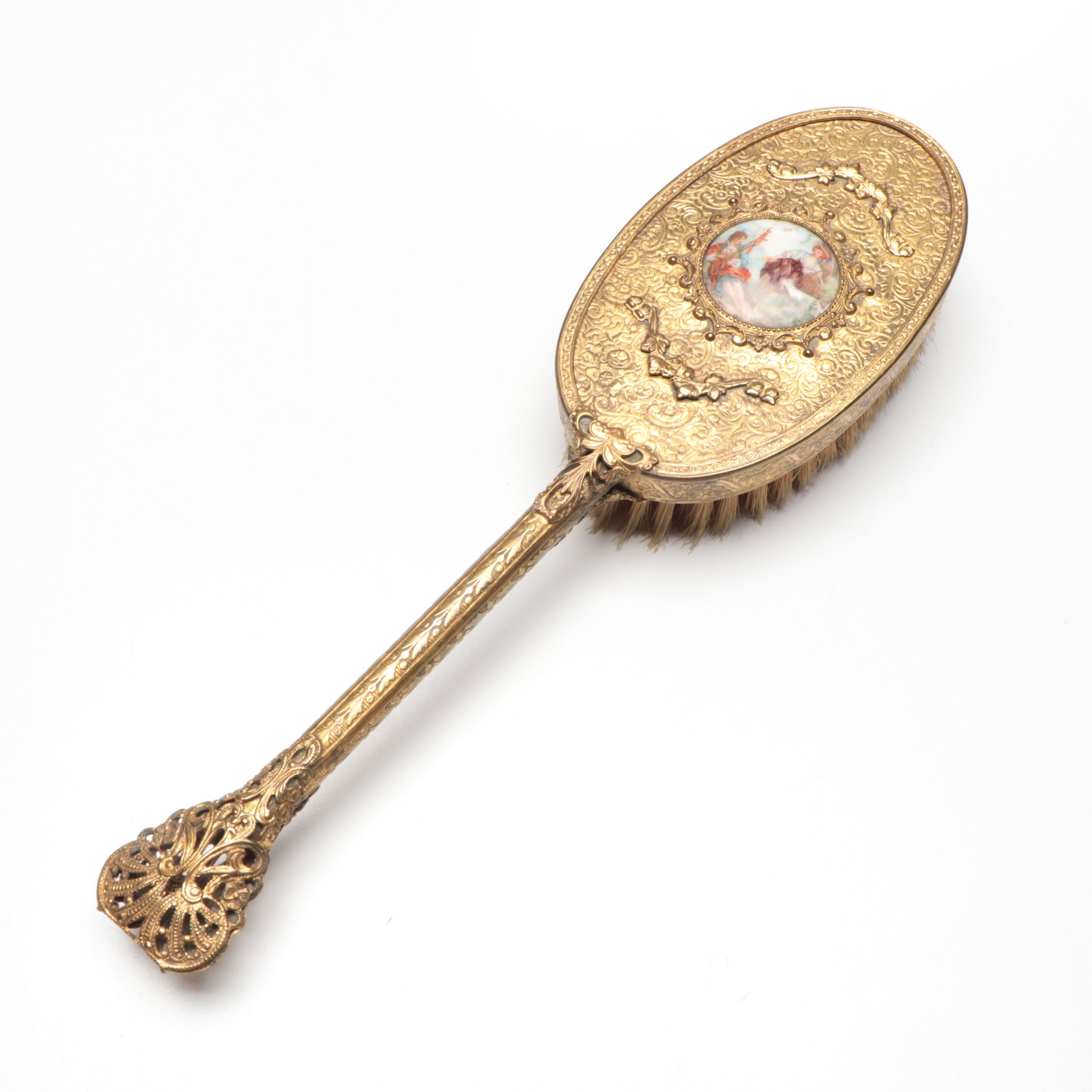 Ornate Brass Hand Mirror with Porcelain Portrait Plaque and More